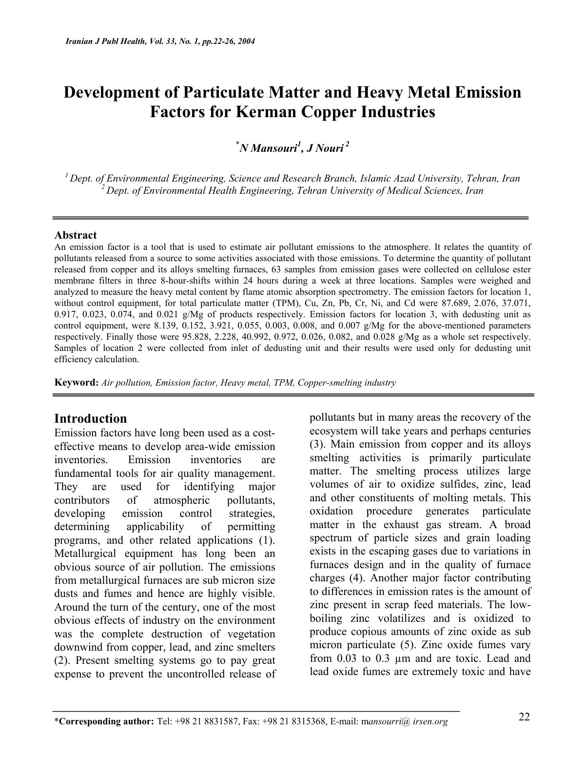First page of Development of Particulate Matter and Heavy Metal Emission Factors for Kerman Copper Industries