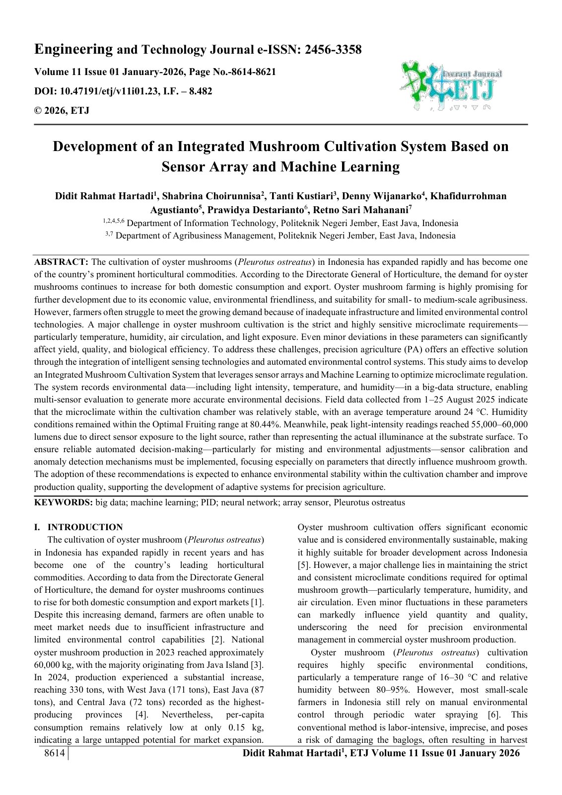 First page of Development of an Integrated Mushroom Cultivation System Based on  Sensor Array and Machine Learning  