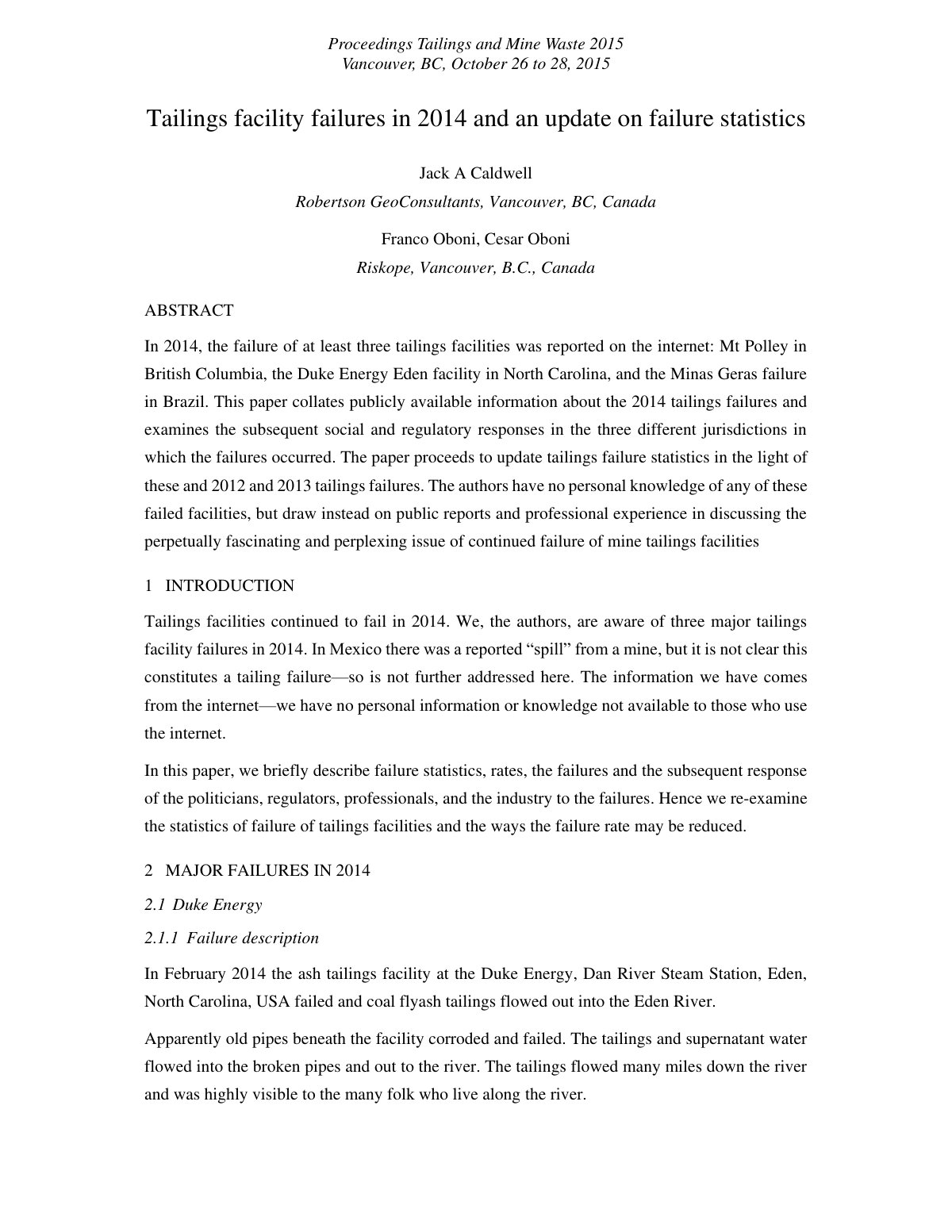 First page of Tailings facility failures in 2014 and a