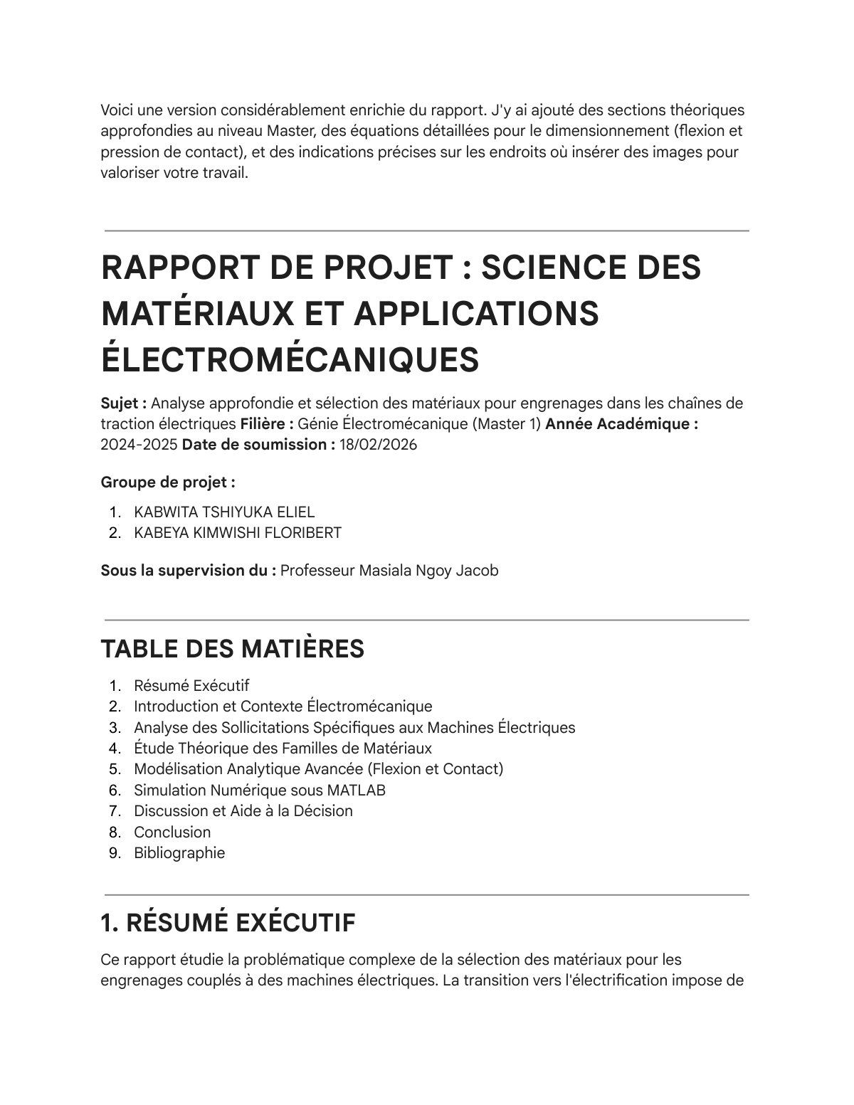 First page of Rapport Matériaux Engrenages Électromécaniques