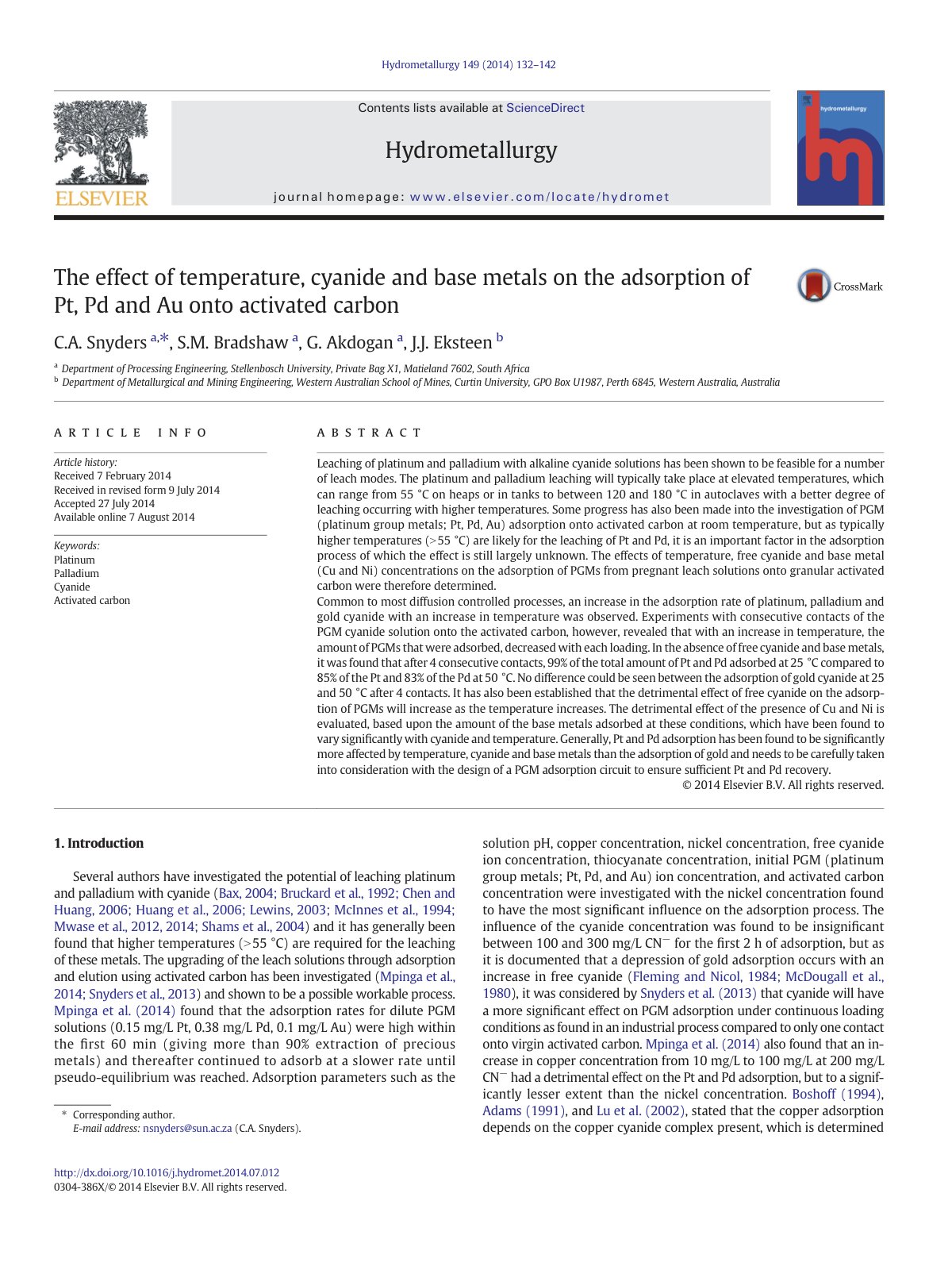 First page of The effect of temperature, cyanide and base metals on the adsorption of Pt, Pd and Au onto activated carbon