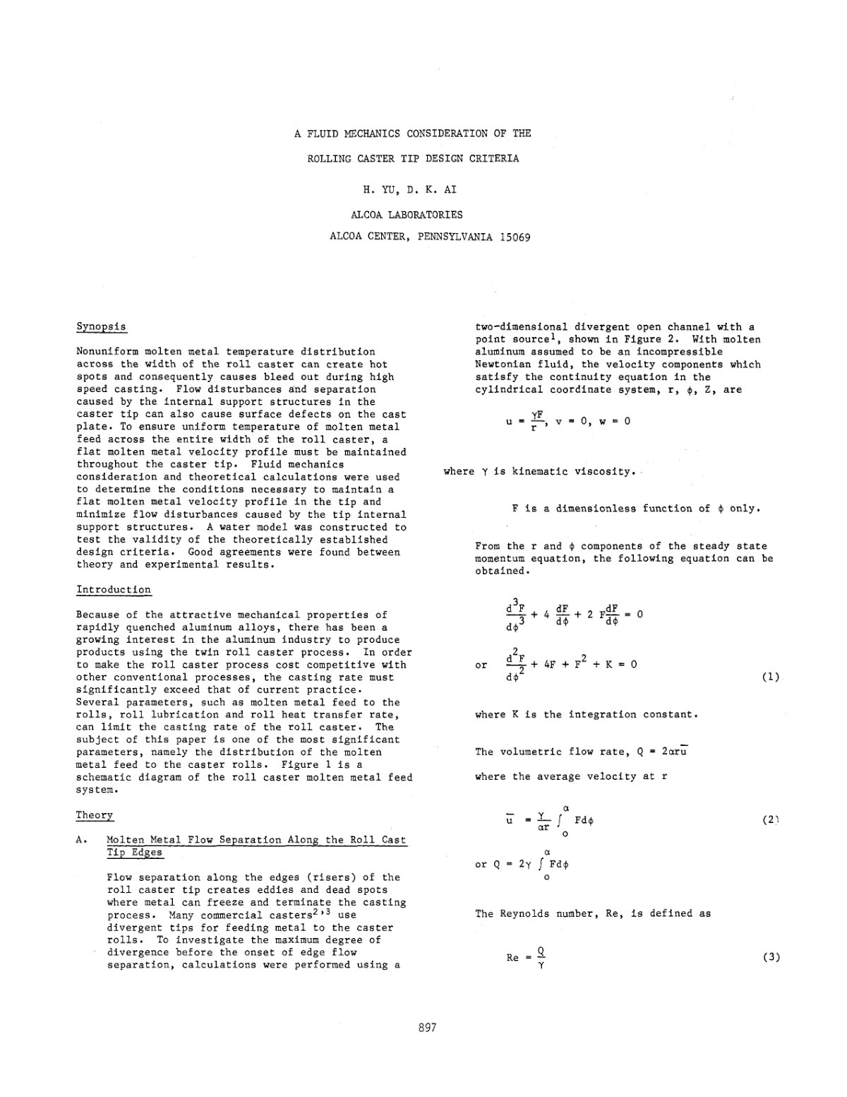 First page of A FLUID MECHANICS CONSIDERATION OF THE ROLLING CASTER TIP DESIGN CRITERIA