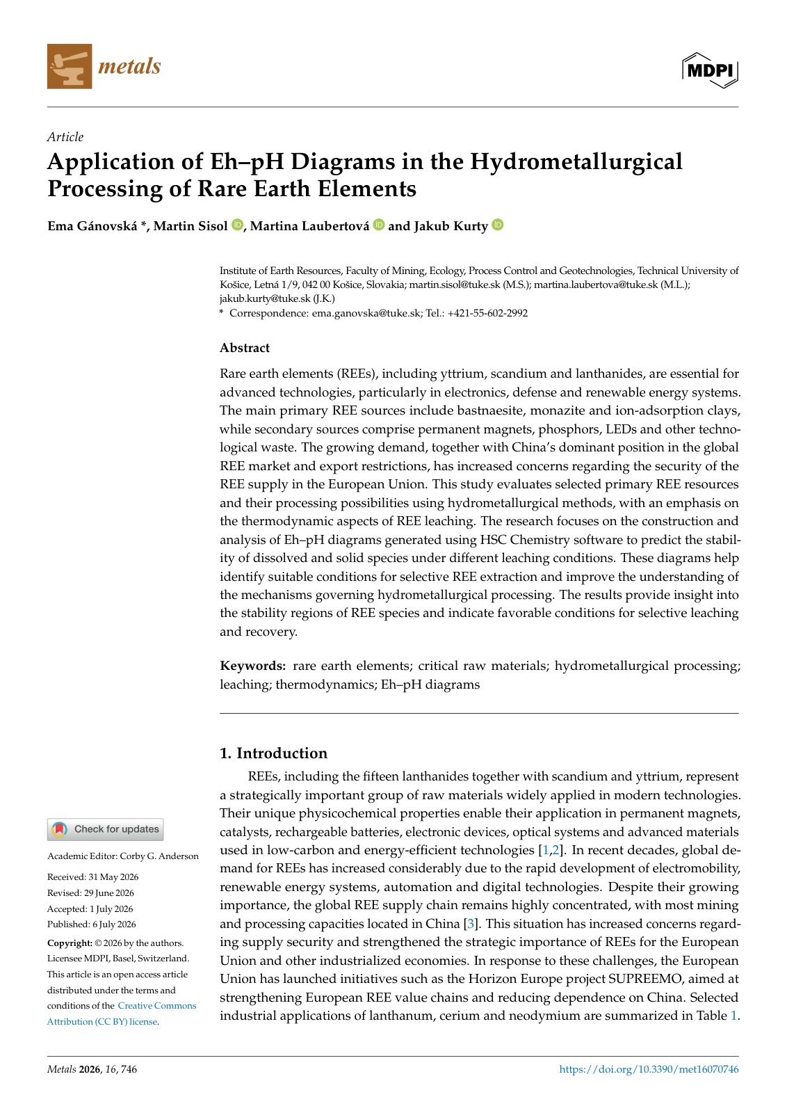 First page of 2026   Ganovska   Eh pH diagrams for rare earth processing