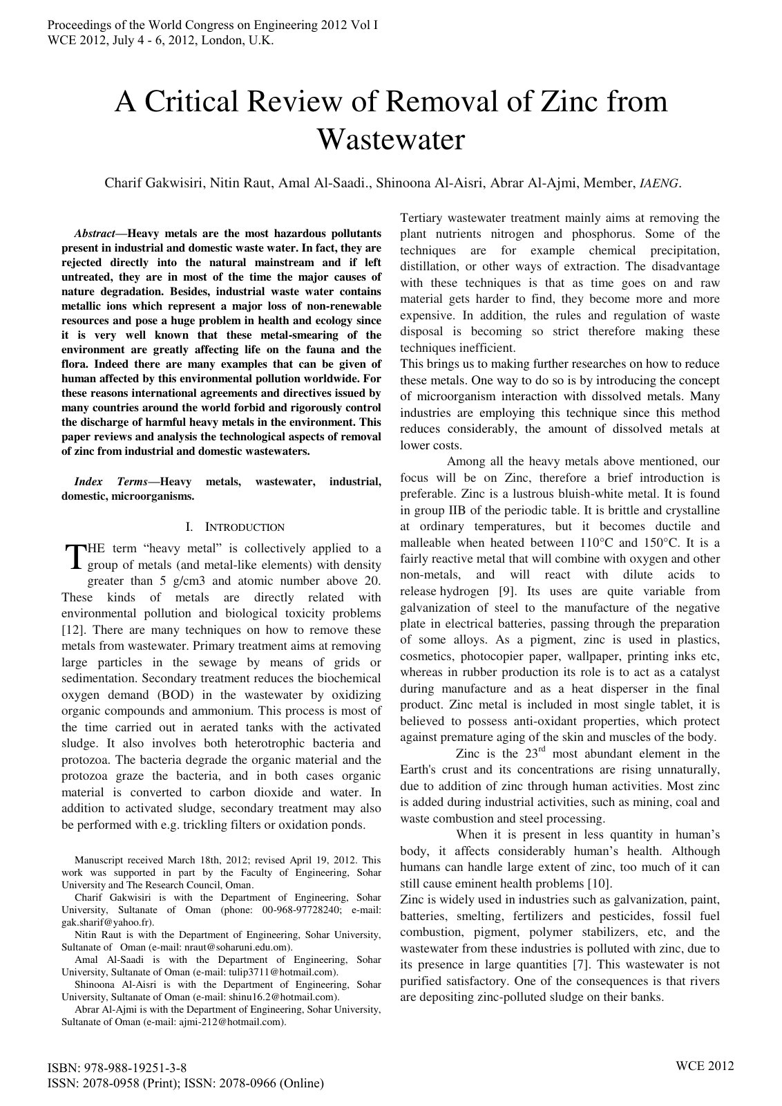 First page of A Critical Review of Removal of Zinc fro