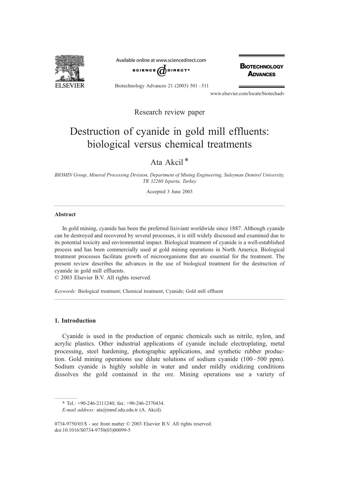 First page of Destruction of cyanide in gold mill effl