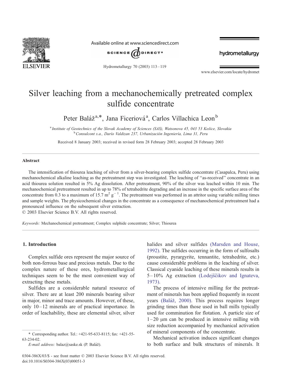 First page of Silver leaching from a mechanochemically pretreated complex sulfide concentrate