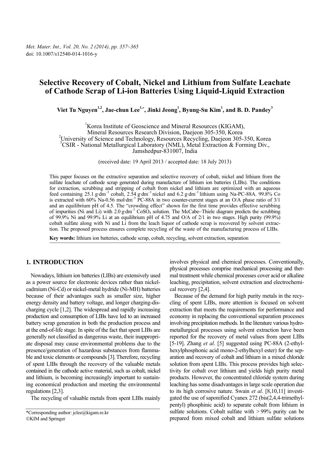 First page of Selective recovery of cobalt nickel and