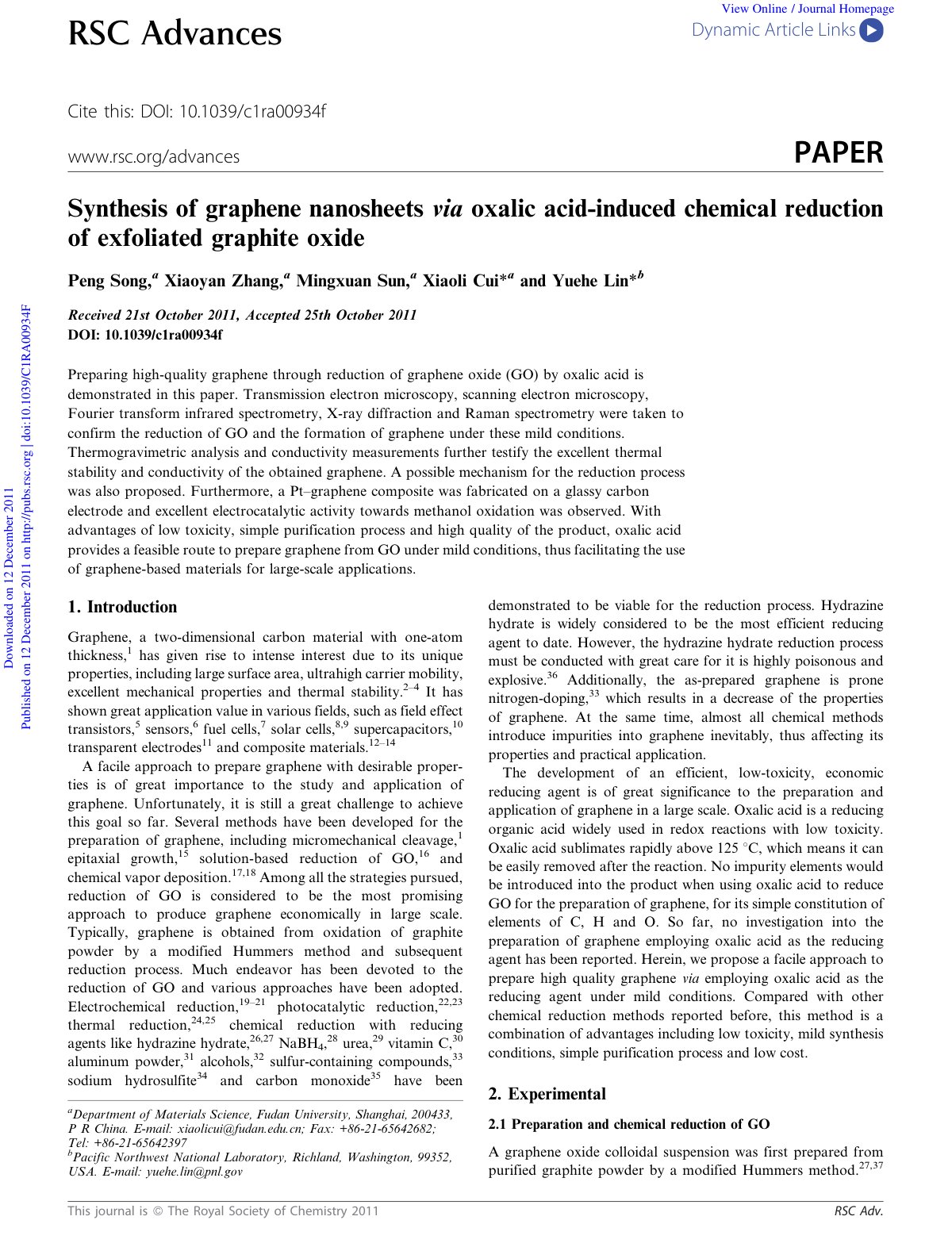 First page of Synthesis of graphene nanosheets via oxa