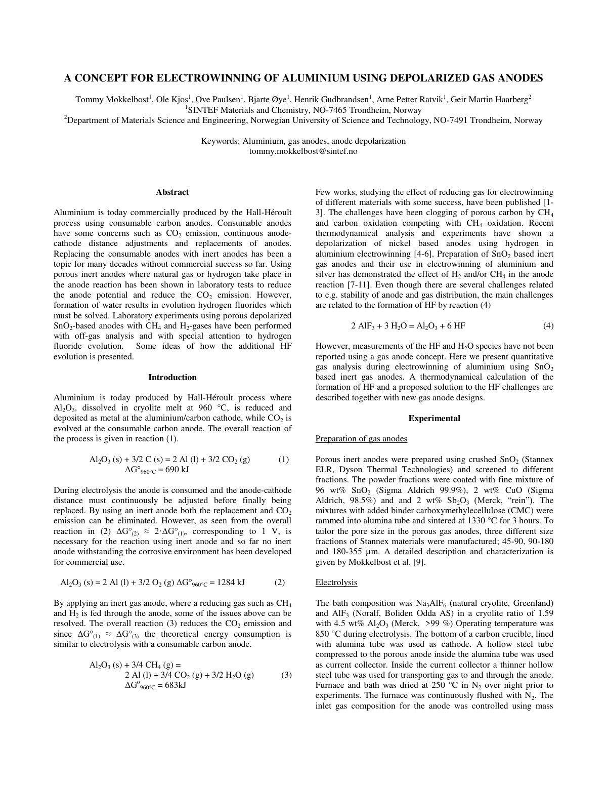 First page of A Concept for Electrowinning of Aluminiu