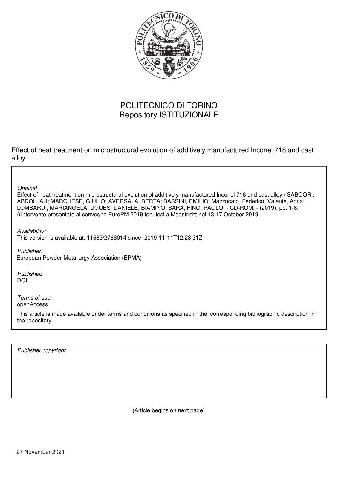 First page of Effect of heat treatment on microstructural evolution of additively manufactured Inconel 718 and cast alloy