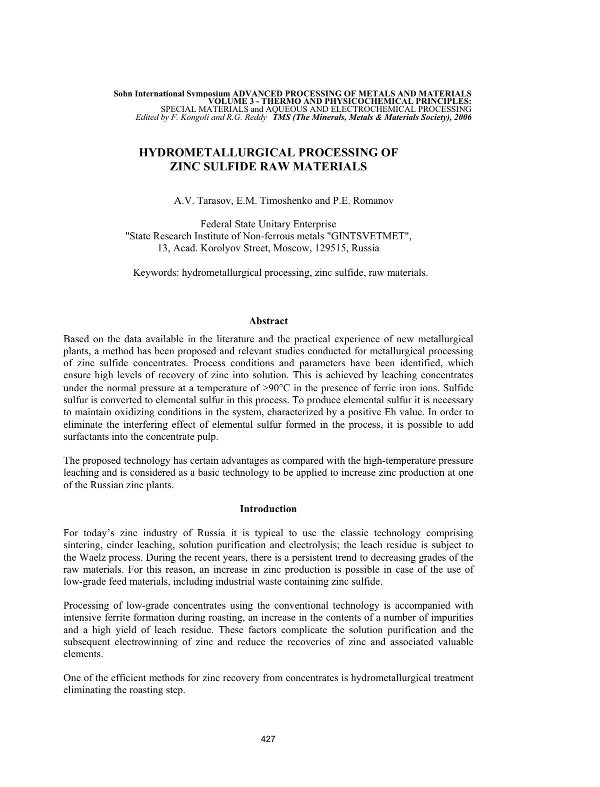 First page of Hydrometallurgical Processing Of Zinc Sulfide Raw Materials