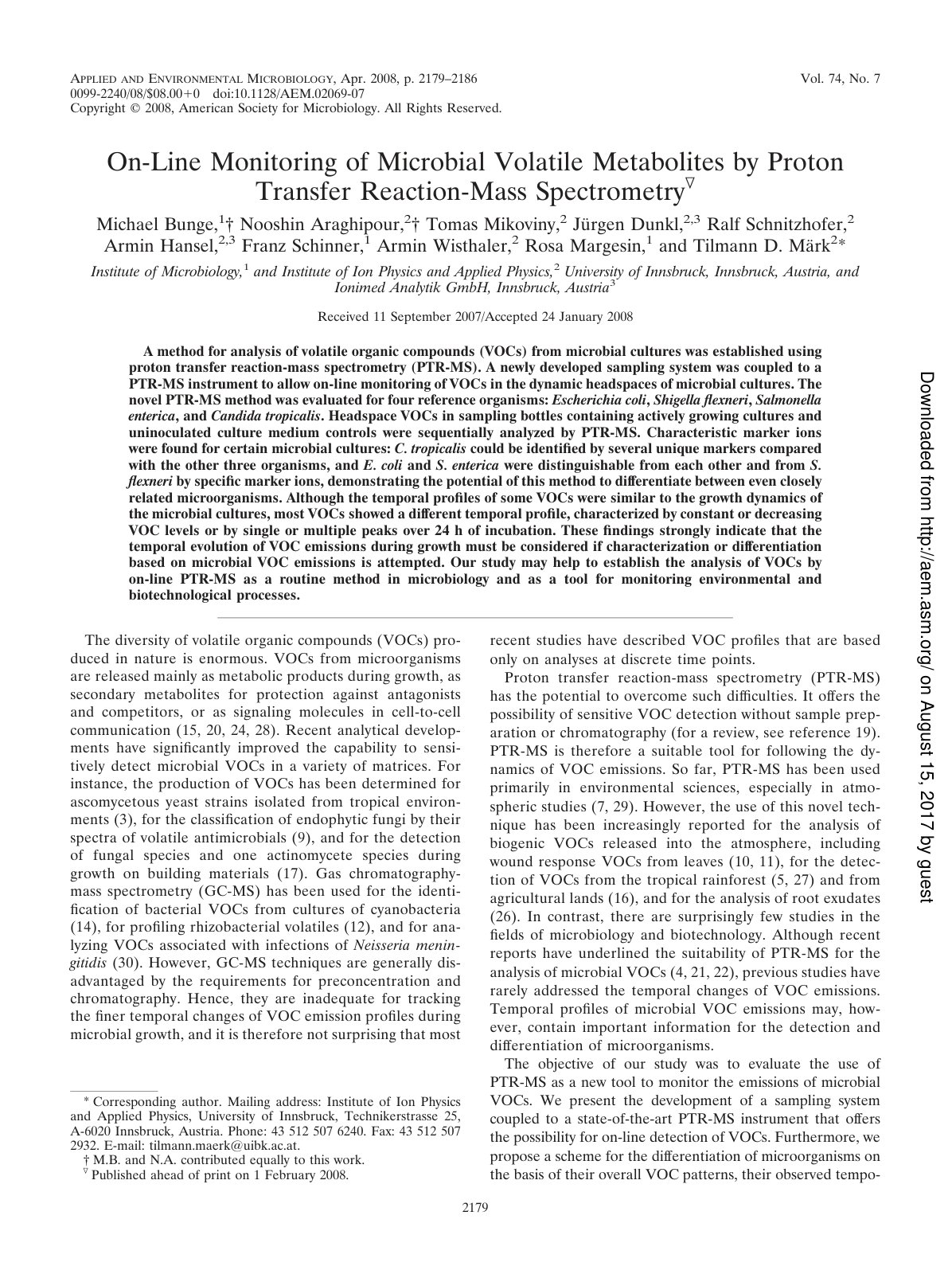 First page of On-Line Monitoring of Microbial Volatile Metabolites by Proton Transfer Reaction-Mass Spectrometry