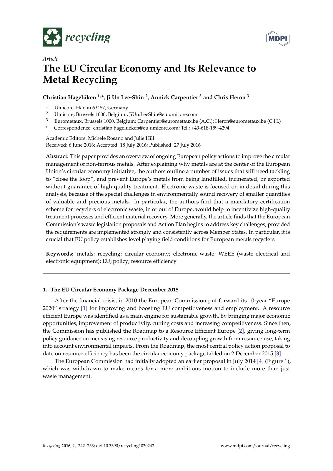 First page of The EU Circular Economy and Its Relevance to Metal Recycling
