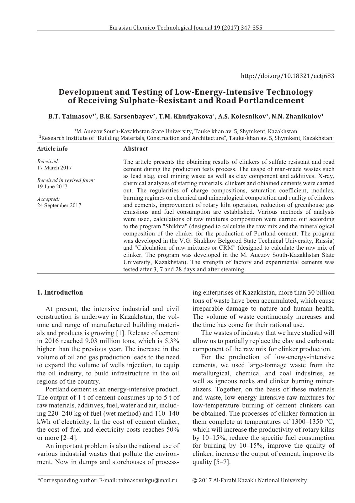 First page of Development and Testing of Low-Energy-Intensive Technology of Receiving Sulphate-Resistant and Road Portlandcement