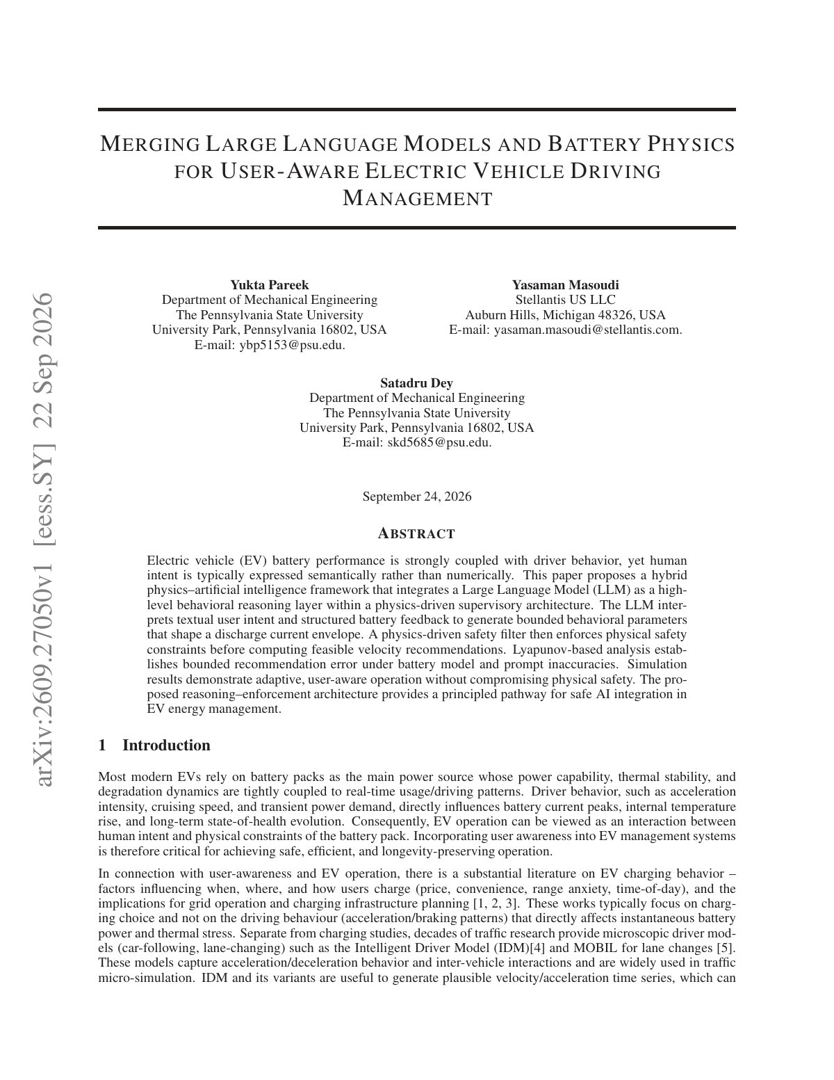 First page of Merging Large Language Models and Battery Physics for User-Aware Electric Vehicle Driving Management