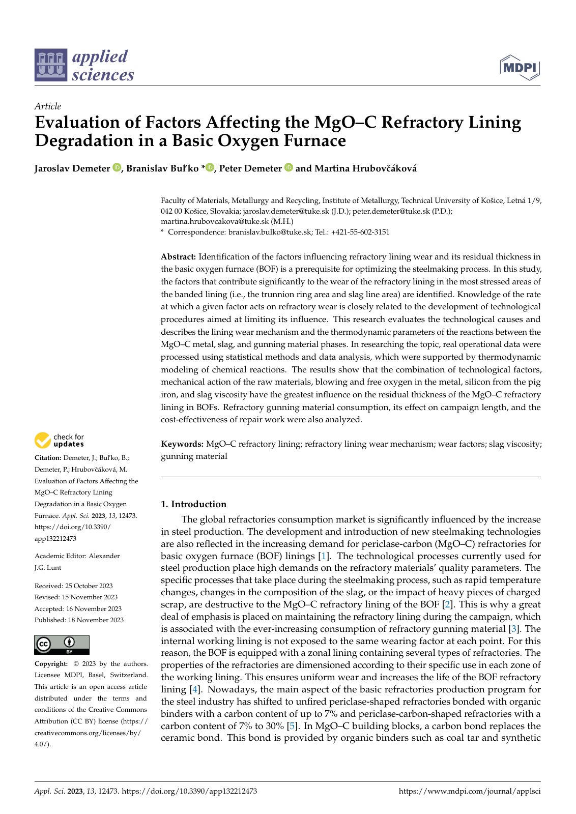 First page of Evaluation of Factors Affecting the MgO–C Refractory Lining Degradation in a Basic Oxygen Furnace