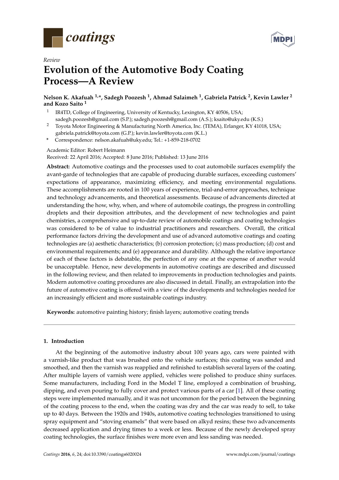 First page of Evolution of the Automotive Body Coating Process—A Review