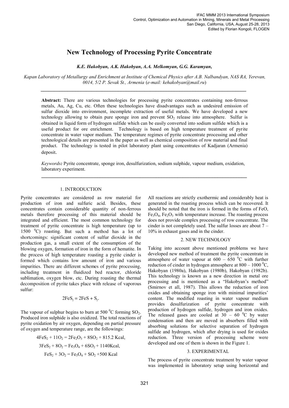 First page of New Technology of Processing Pyrite Conc