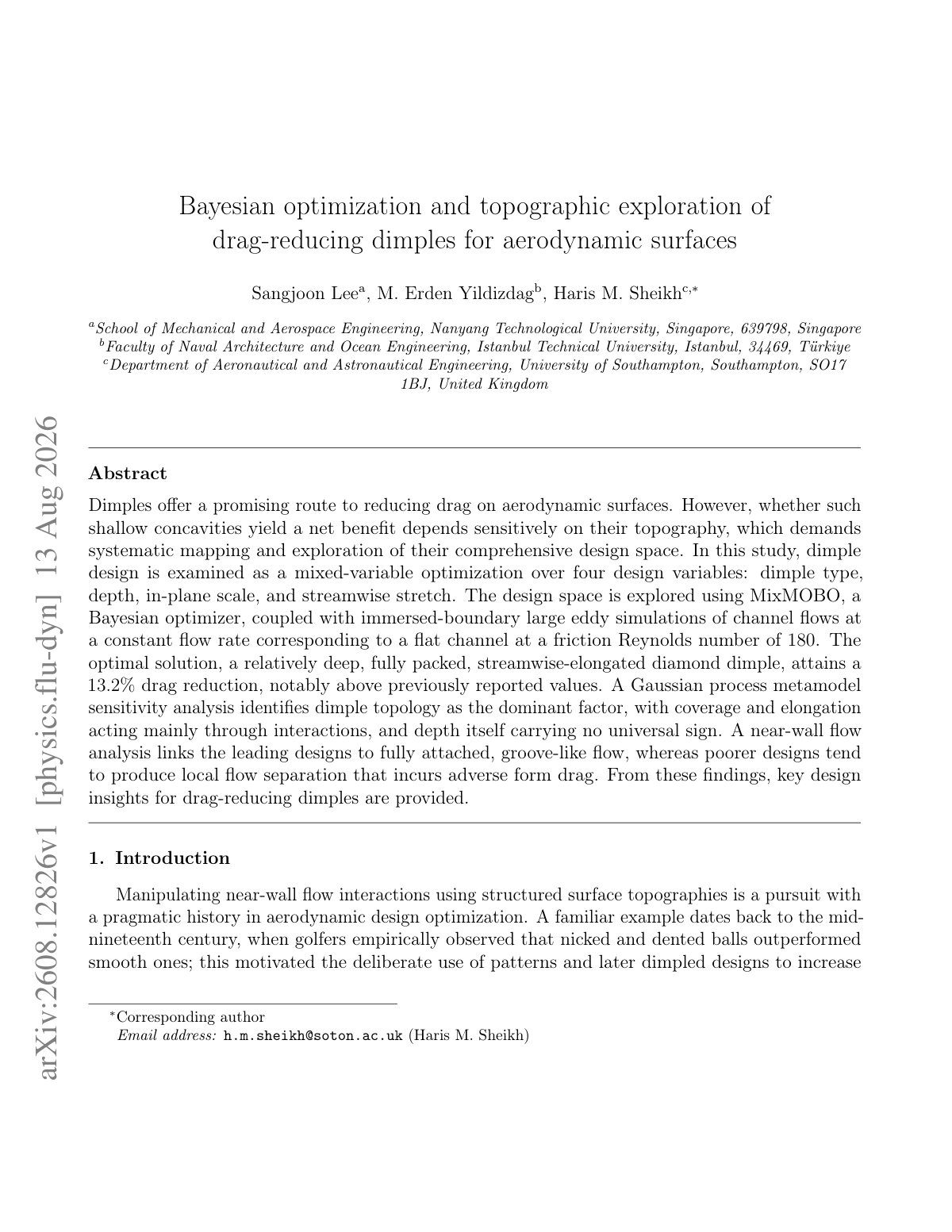 First page of Bayesian optimization and topographic exploration of drag-reducing dimples for aerodynamic surfaces