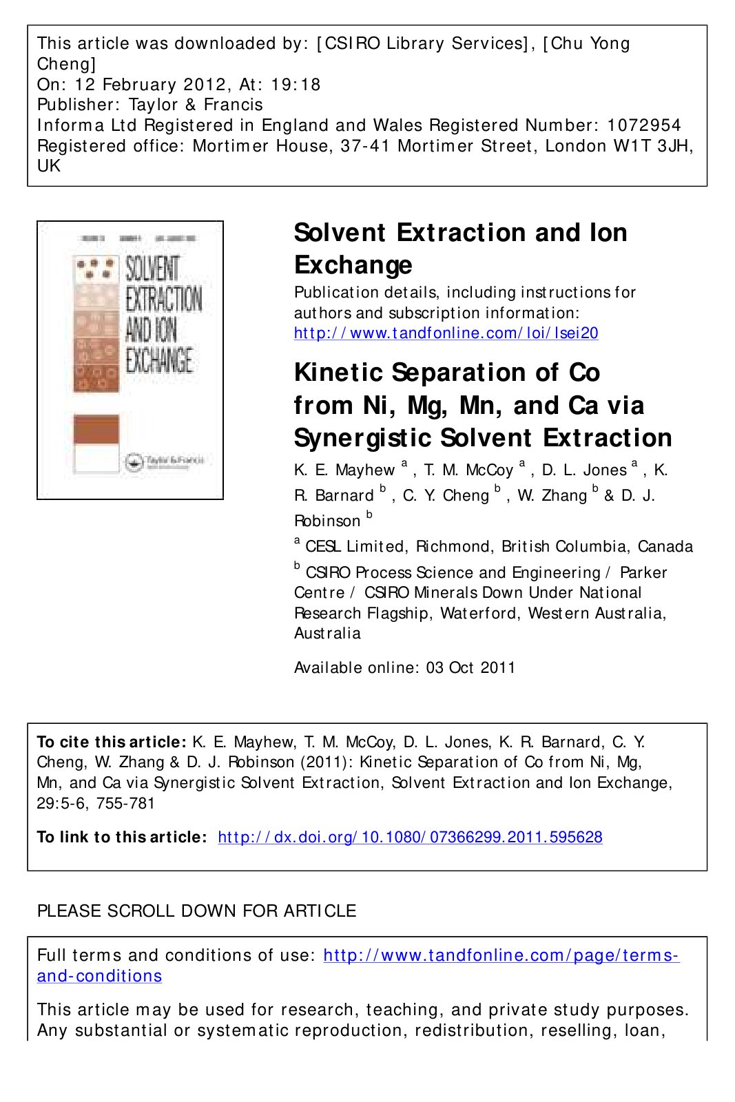 First page of Kinetic Separation of Co from Ni Mg Mn a