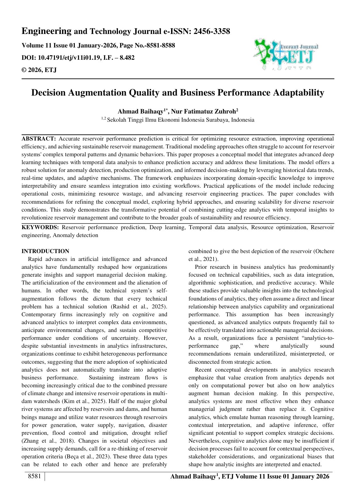 First page of Decision Augmentation Quality and Business Performance Adaptability  