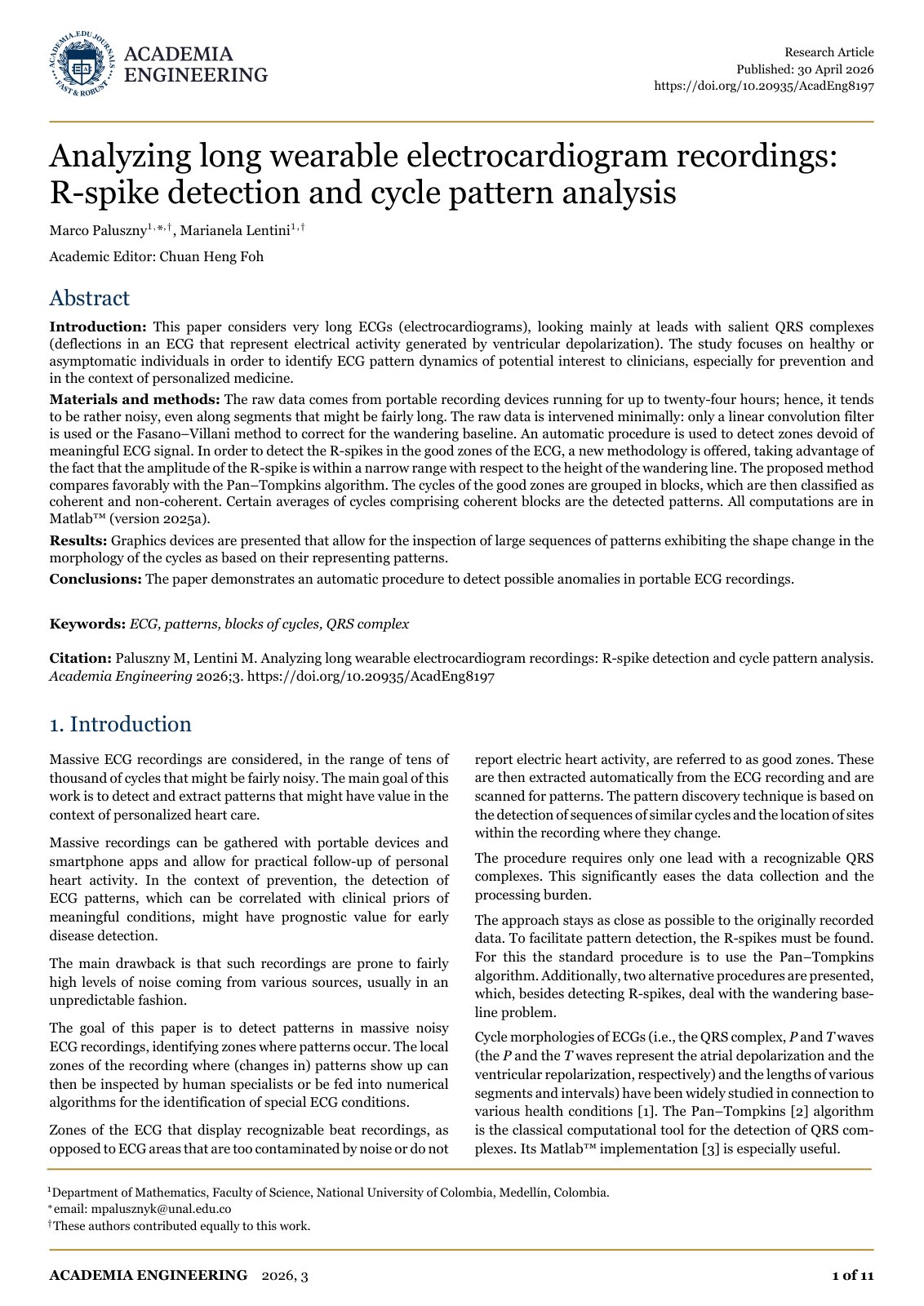 First page of Analyzing long wearable electrocardiogram recordings: R-spike detection and cycle pattern analysis