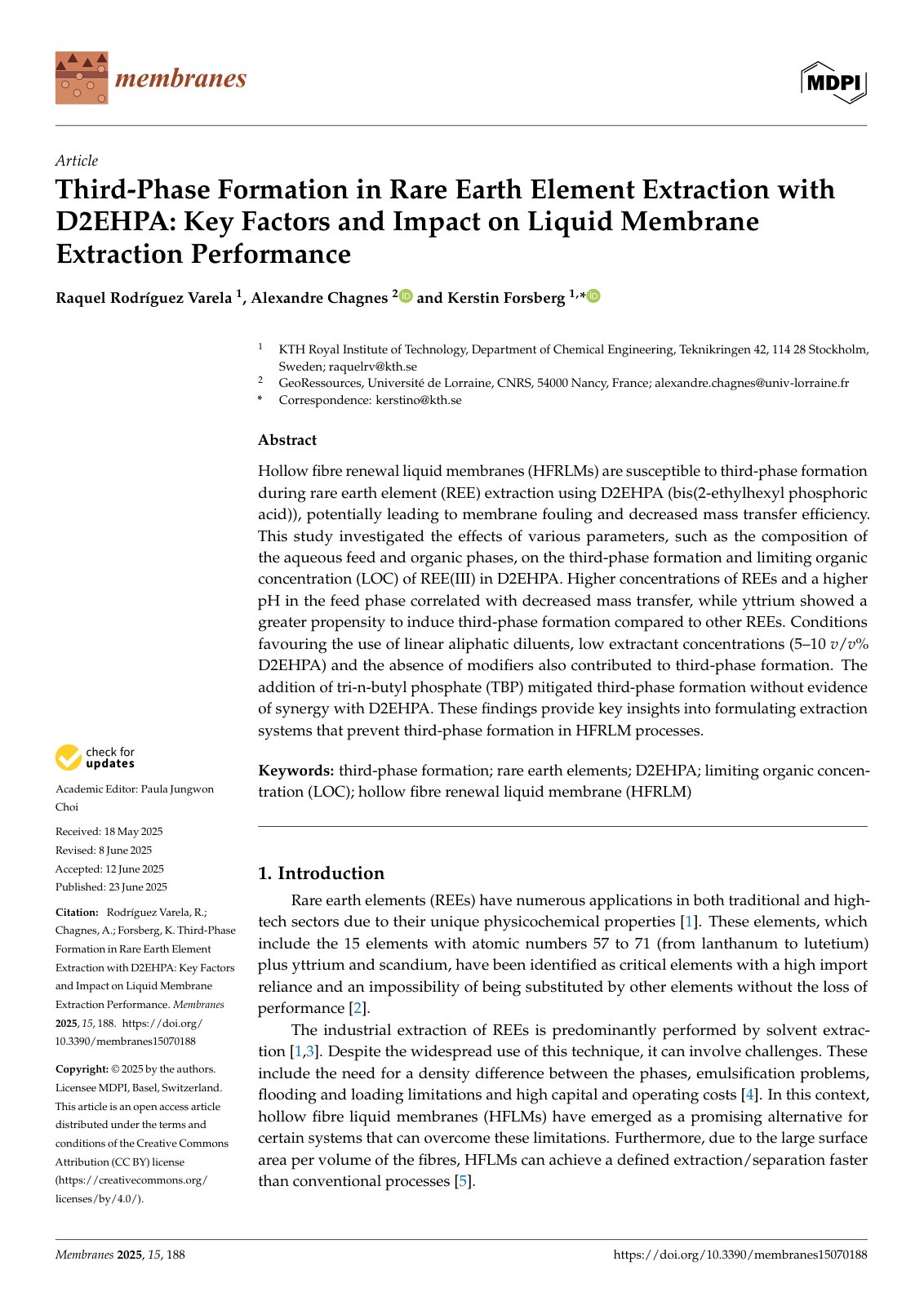 First page of Third-Phase Formation in Rare Earth Element Extraction with D2EHPA: Key Factors and Impact on Liquid Membrane Extraction Performance