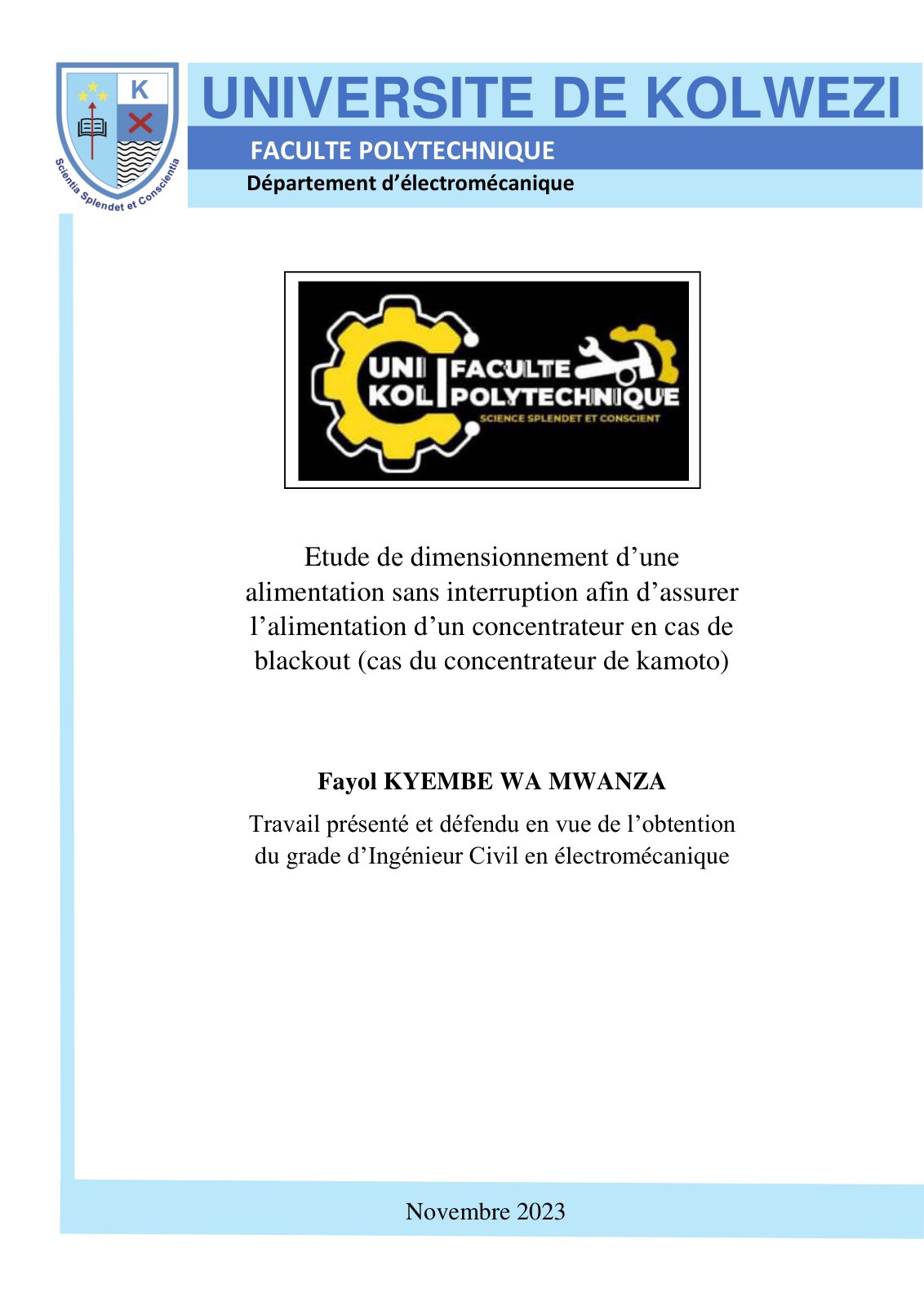 First page of Etude de dimensionnement d’une alimentation sans interruption afin d’assurer l’alimentation d’un concentrateur en cas de blackout (cas du concentrateur de kamoto)