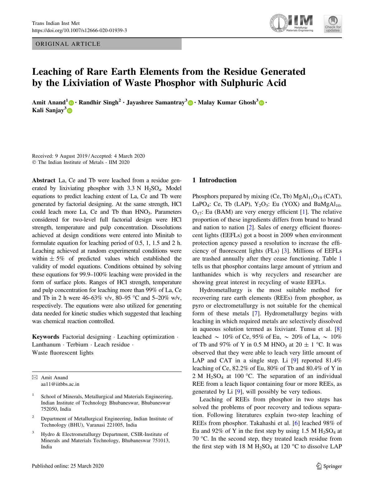 First page of Leaching of Rare Earth Elements from the
