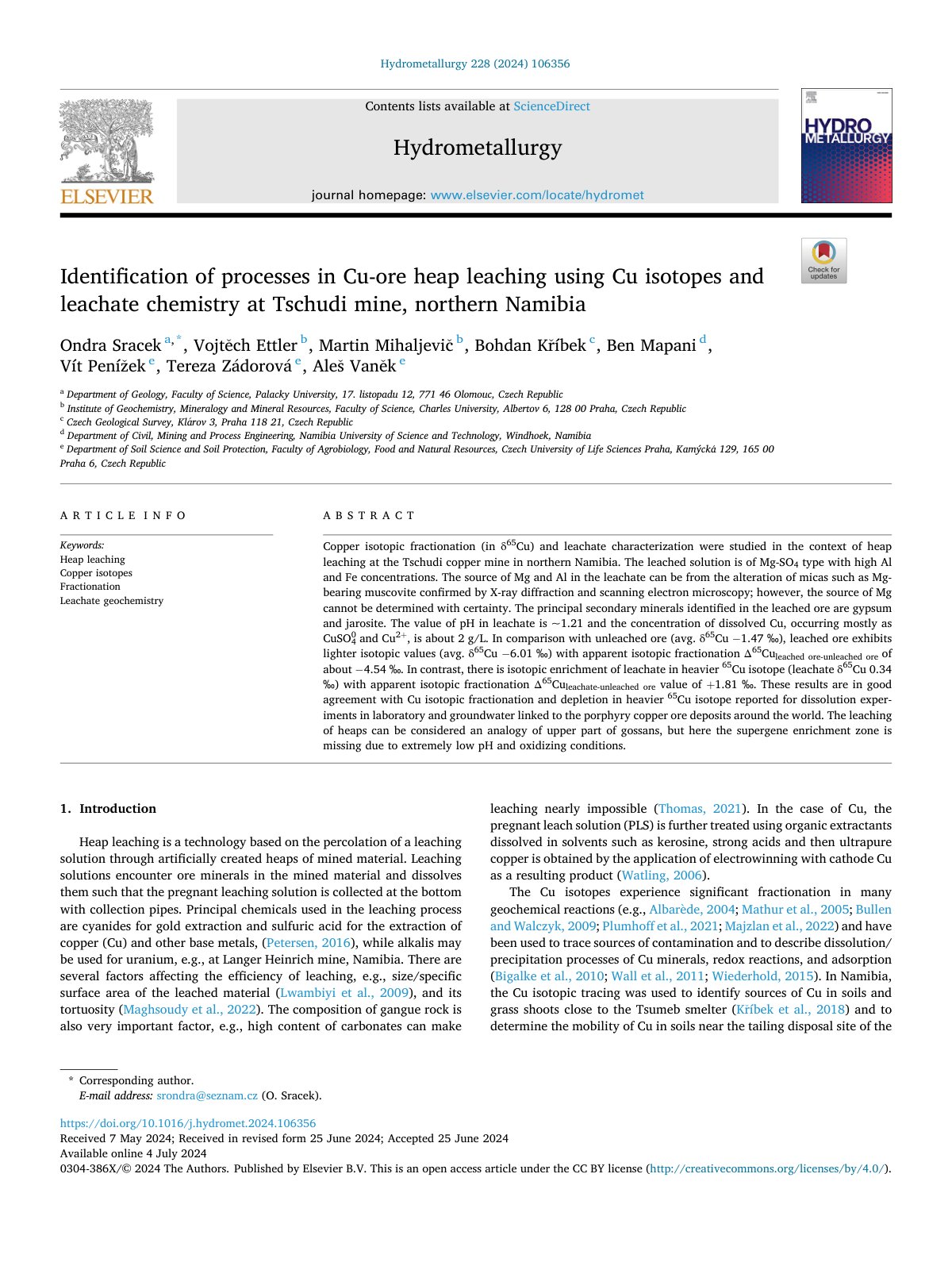 First page of Identification of processes in Cu ore heap leaching using Cu is 2024 Hydrome