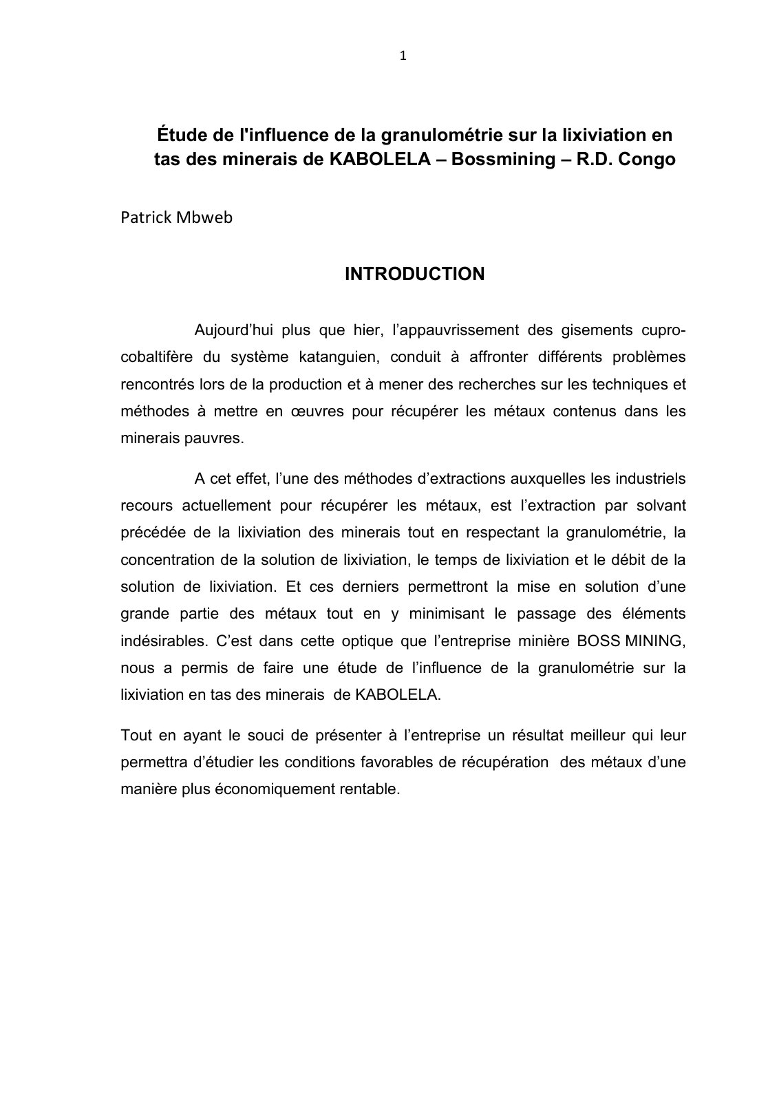 First page of Étude de l'influence de la granulométrie sur la lixiviation en tas des minerais de KABOLELA – Bossmining – R.D. Congo