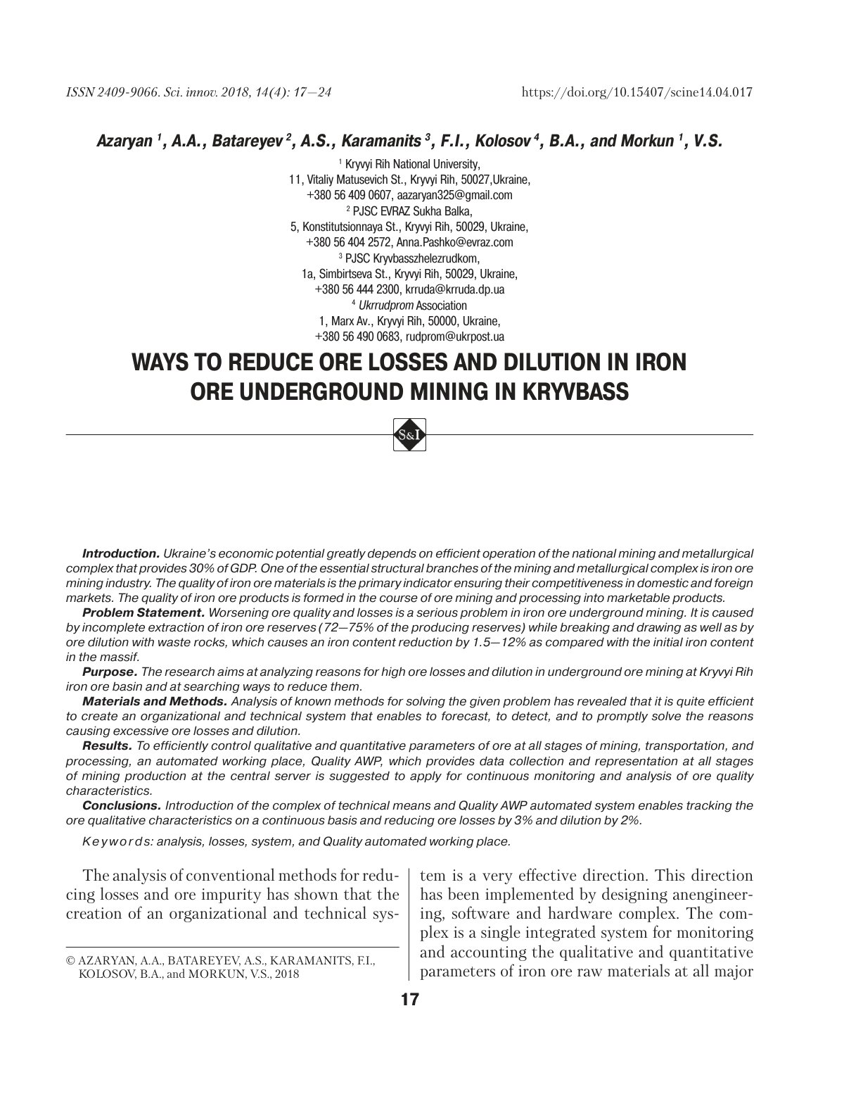 First page of Ways to Reduce Ore Losses and Dilution i