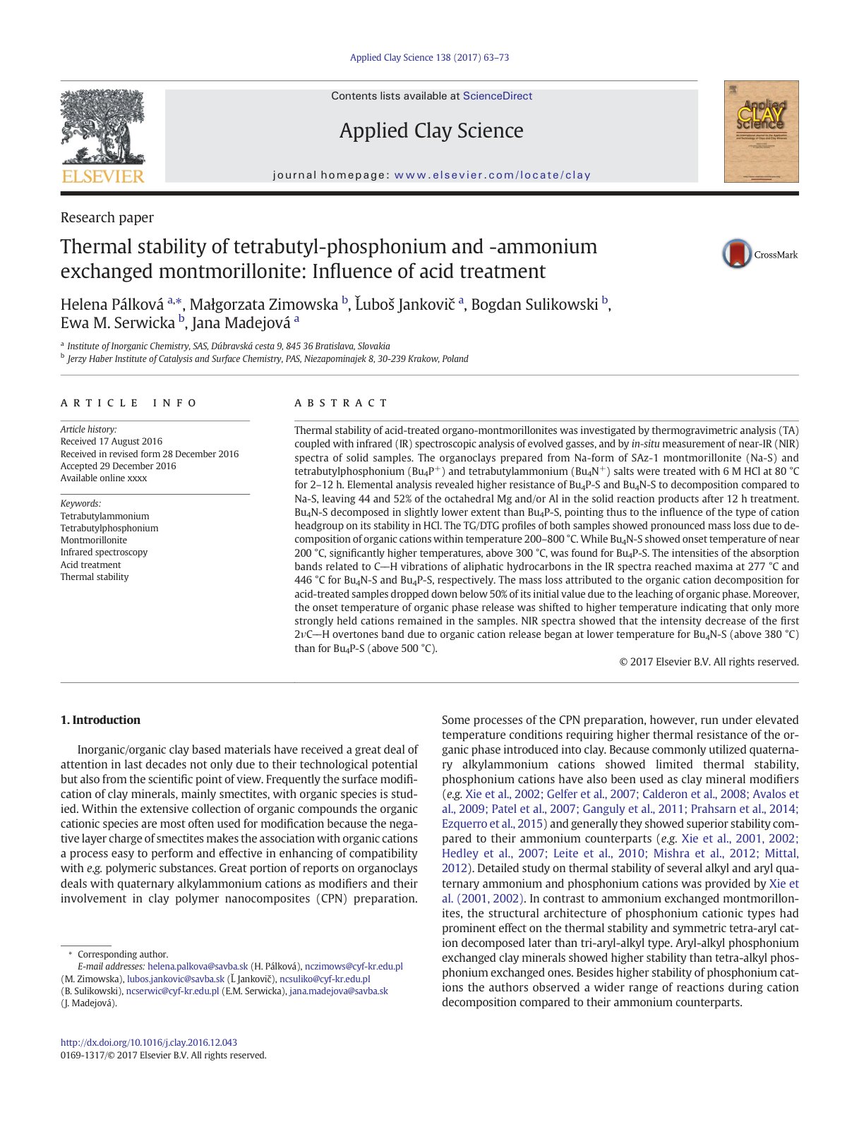 First page of Thermal stability of tetrabutyl-phosphonium and -ammonium exchanged montmorillonite: Influence of acid treatment