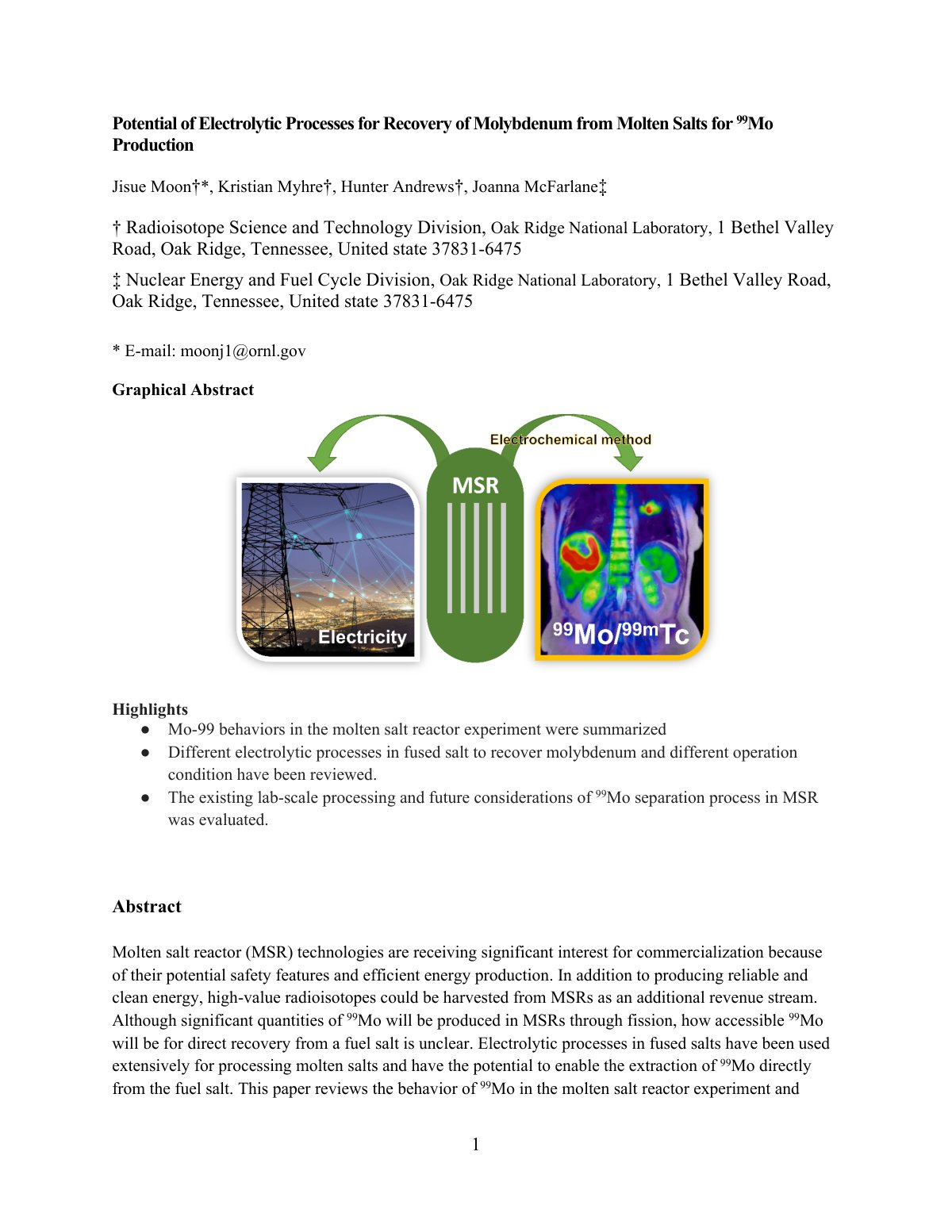 First page of Potential of Electrolytic Processes for Recovery of Molybdenum from Molten Salts for 99Mo Production