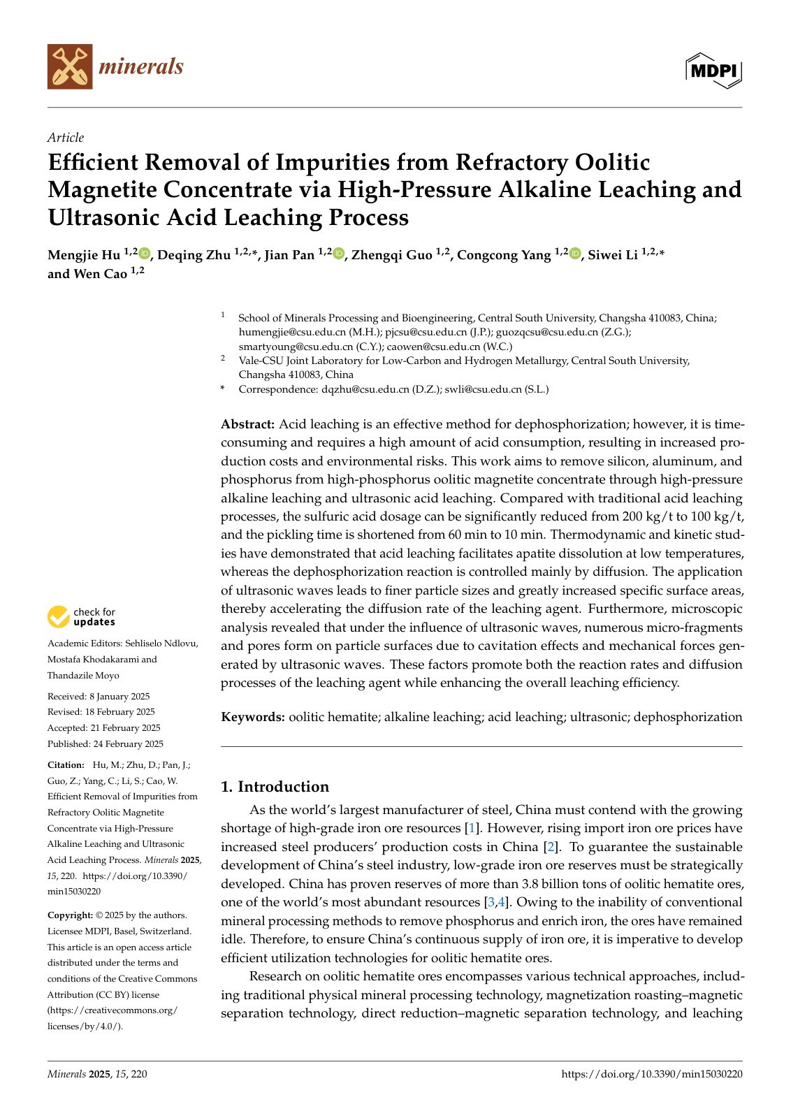 First page of 2025   Hu   Pressure alkaline and ultrasonic acid leaching of magnetite