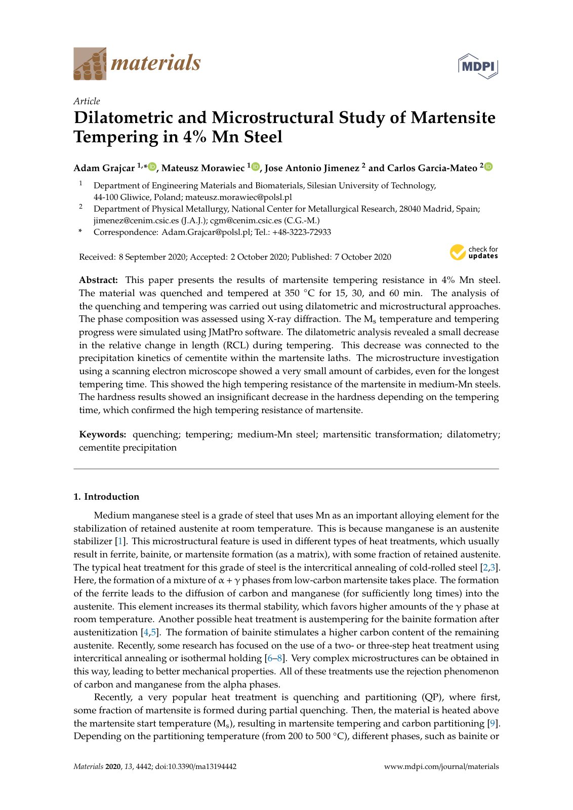 First page of Dilatometric and Microstructural Study of Martensite Tempering in 4% Mn Steel