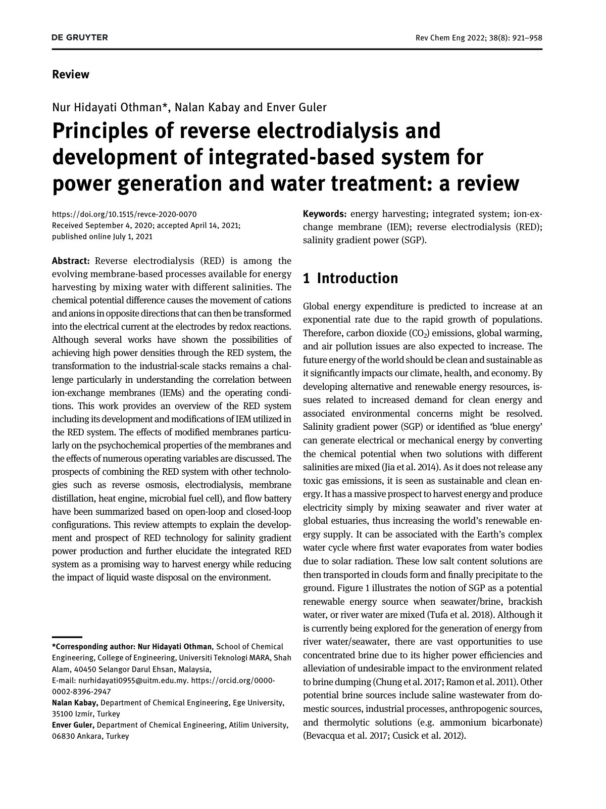 First page of Principles of reverse electrodialysis an