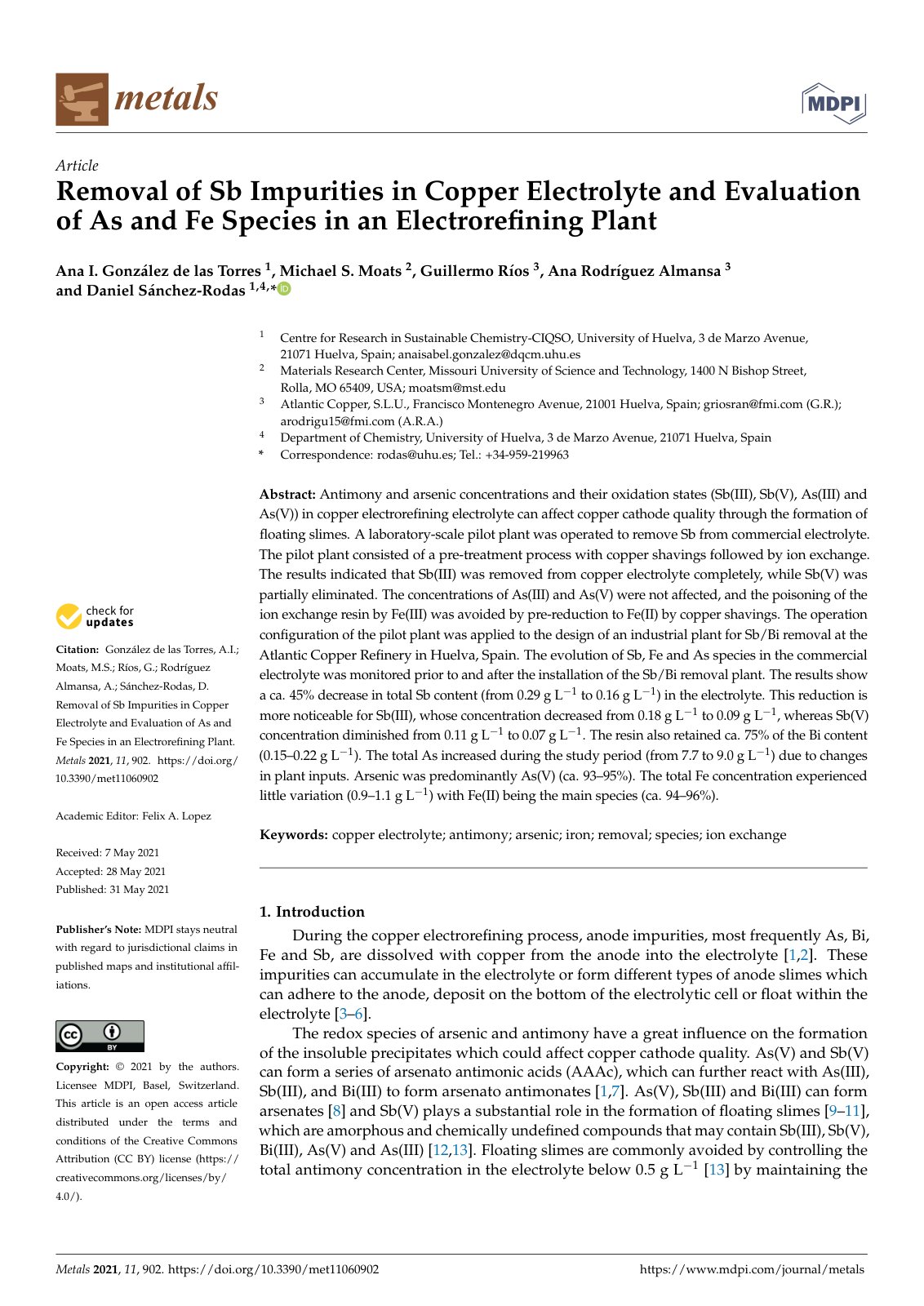 First page of Removal of Sb Impurities in Copper Electrolyte and Evaluation of As and Fe Species in an Electroreﬁning Plant