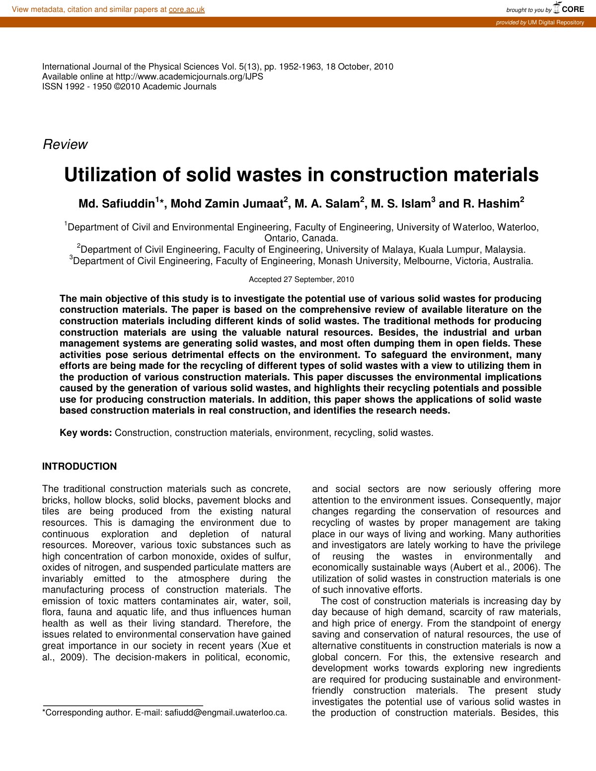 First page of Utilization of solid wastes in construct