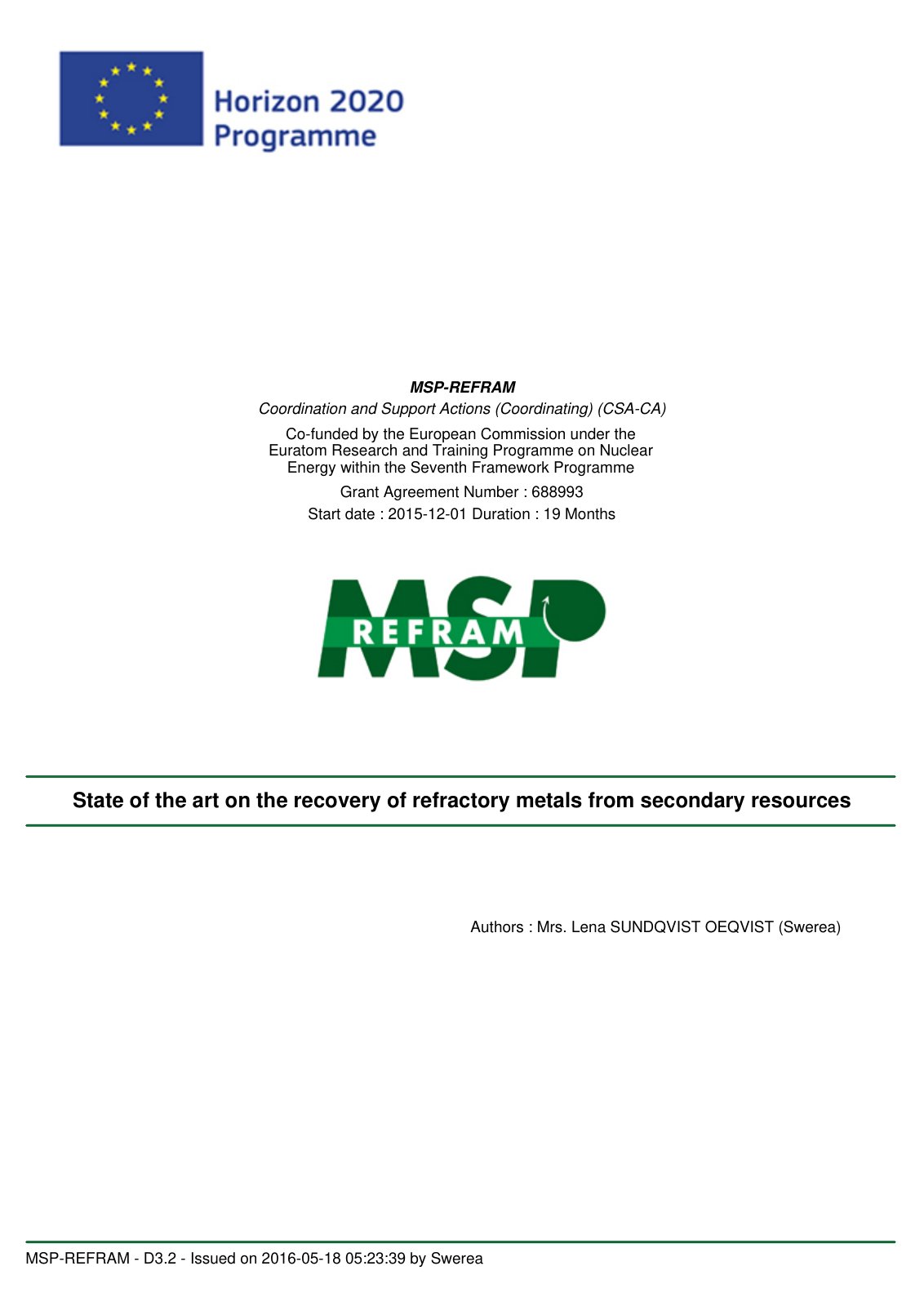 First page of State of the art on the recovery of refractory metals from secondary resources