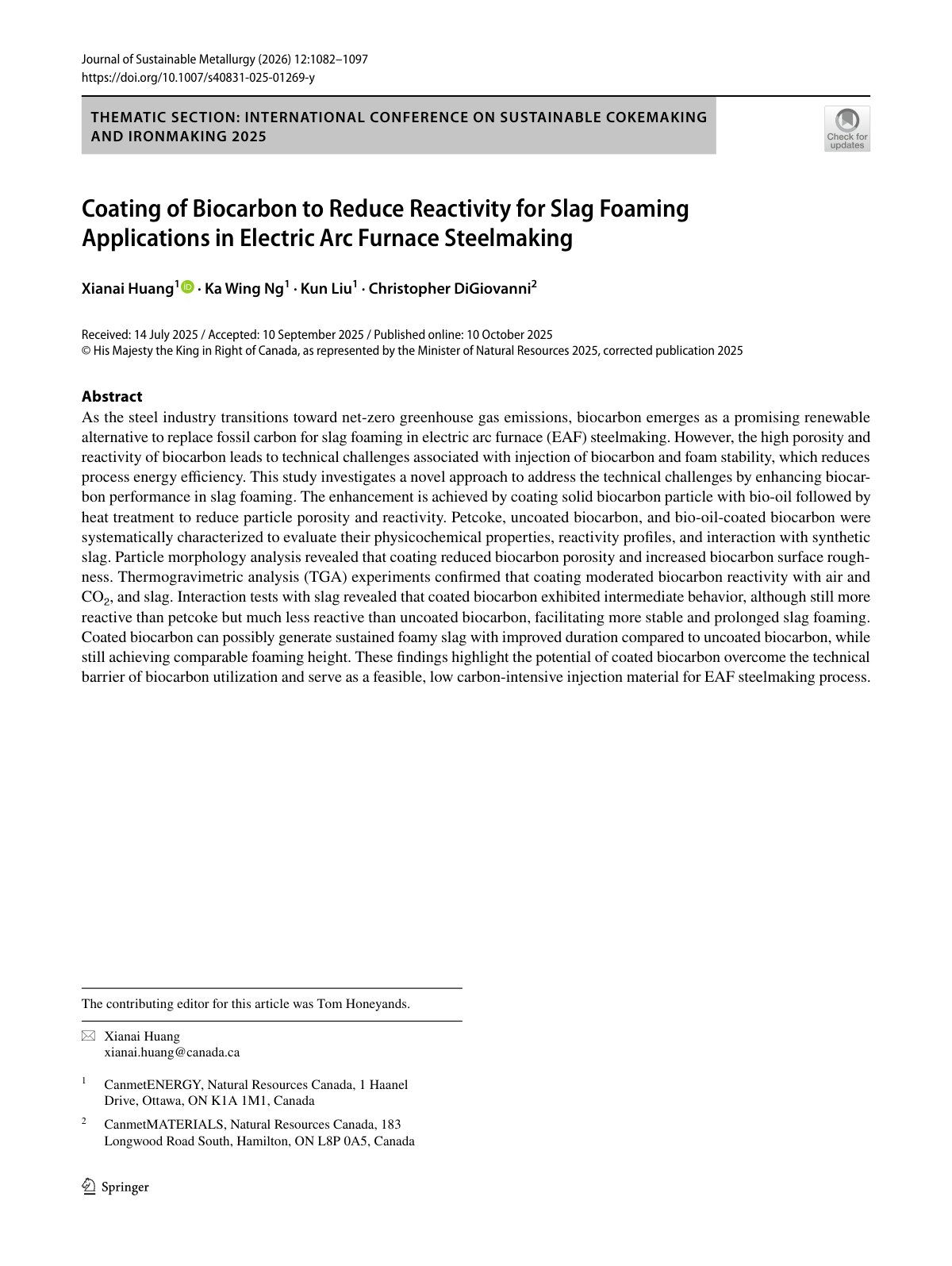 First page of Coating of Biocarbon to Reduce Reactivity for Slag Foaming Applications in Electric Arc Furnace Steelmaking