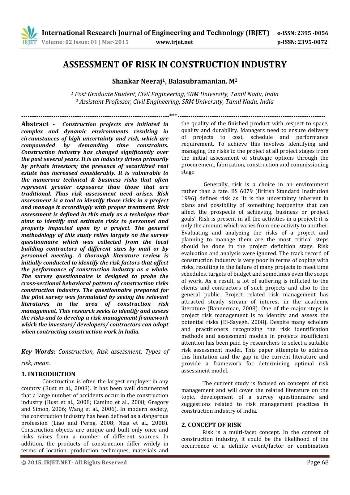 First page of ASSESSMENT OF RISK IN CONSTRUCTION INDUSTRY