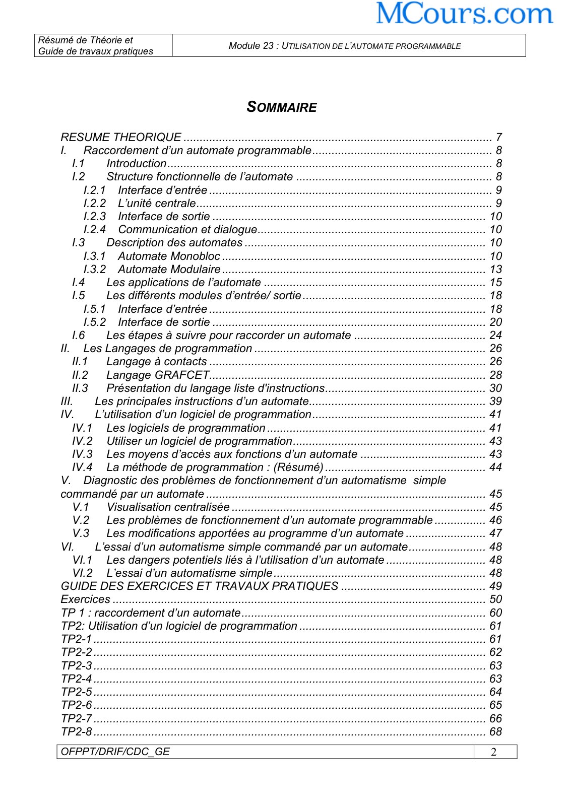 First page of utilisation de l automate programmable