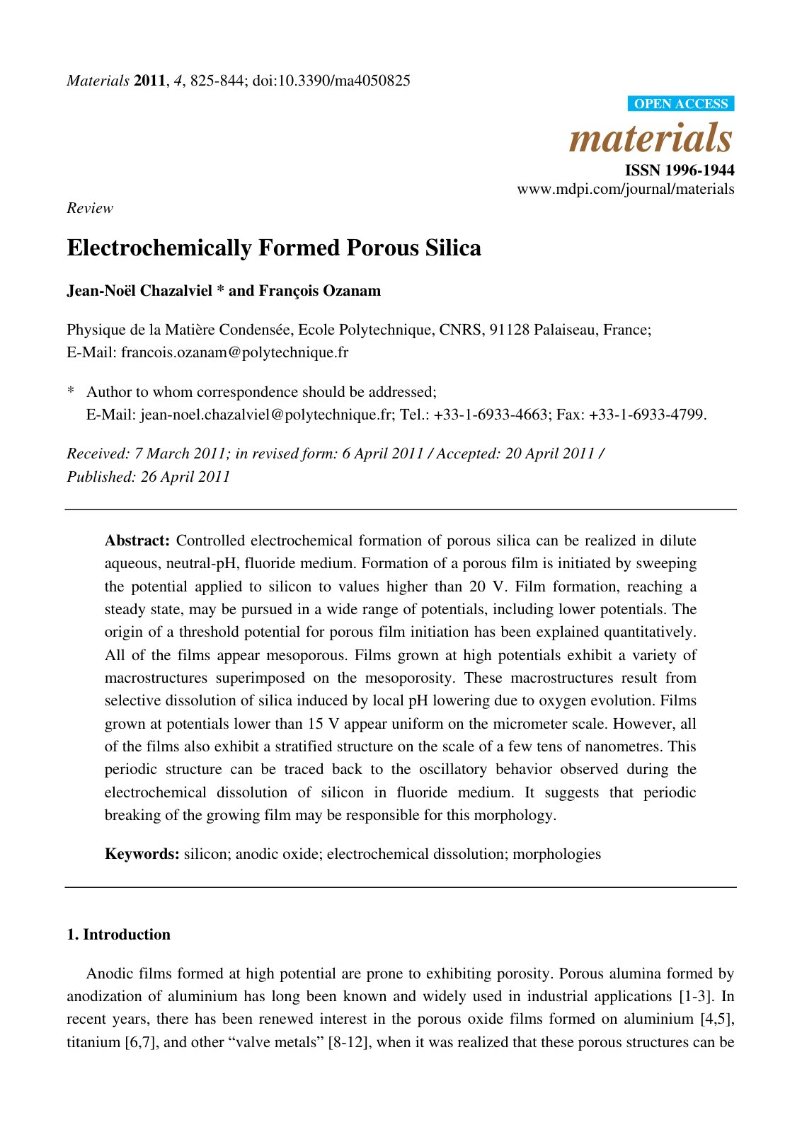 First page of Electrochemically Formed Porous Silica