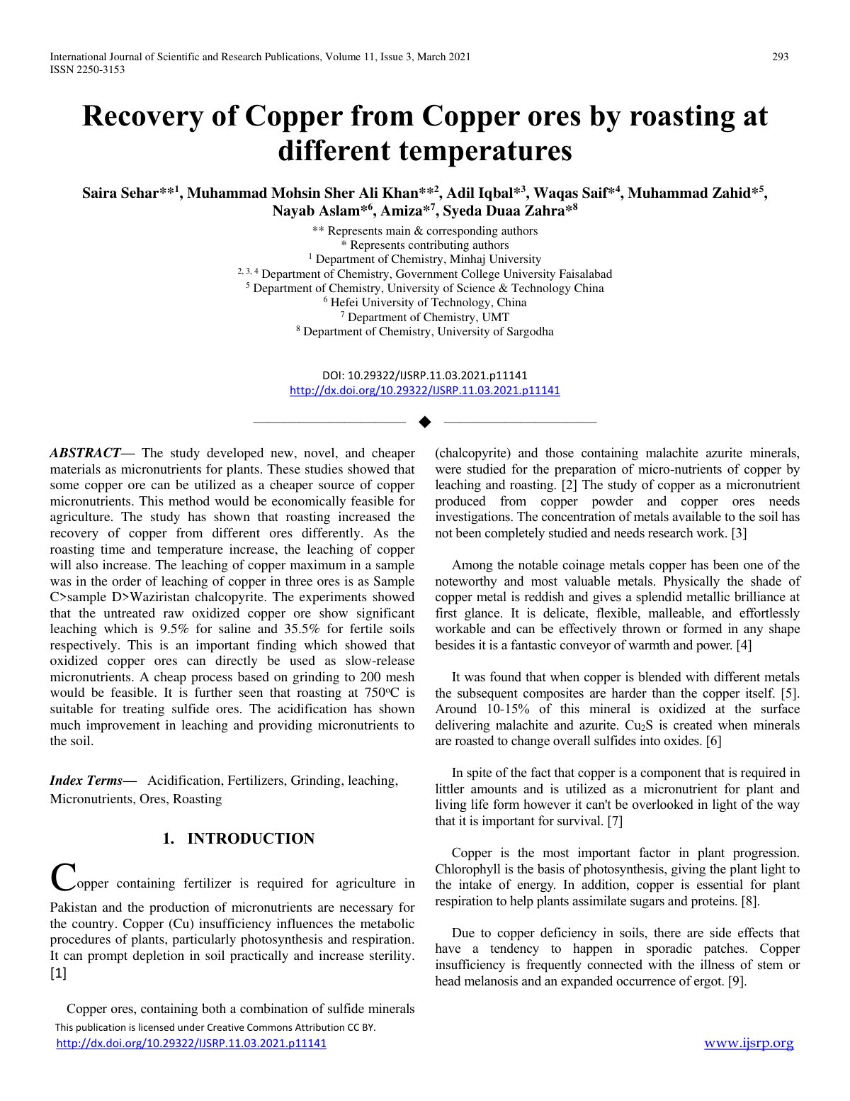 First page of Recovery of Copper from Copper ores by roasting at different temperatures