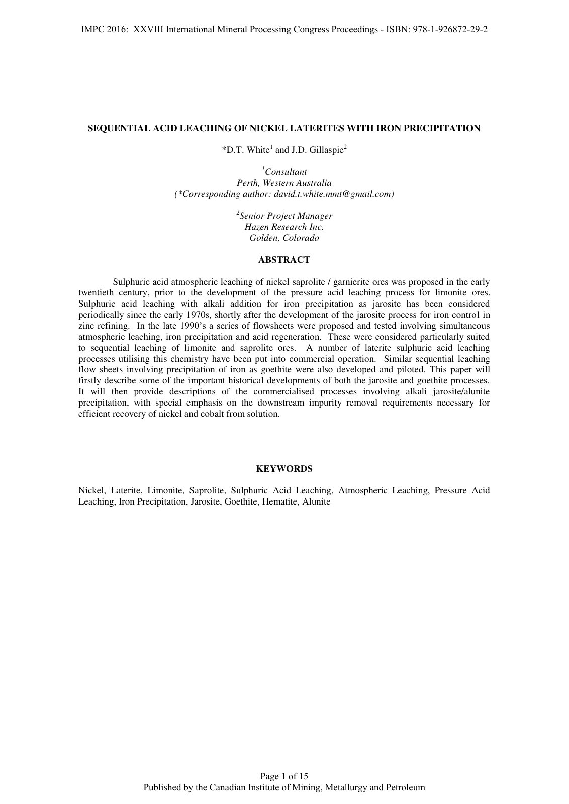 First page of SEQUENTIAL ACID LEACHING OF NICKEL LATERITES WITH IRON PRECIPITATION