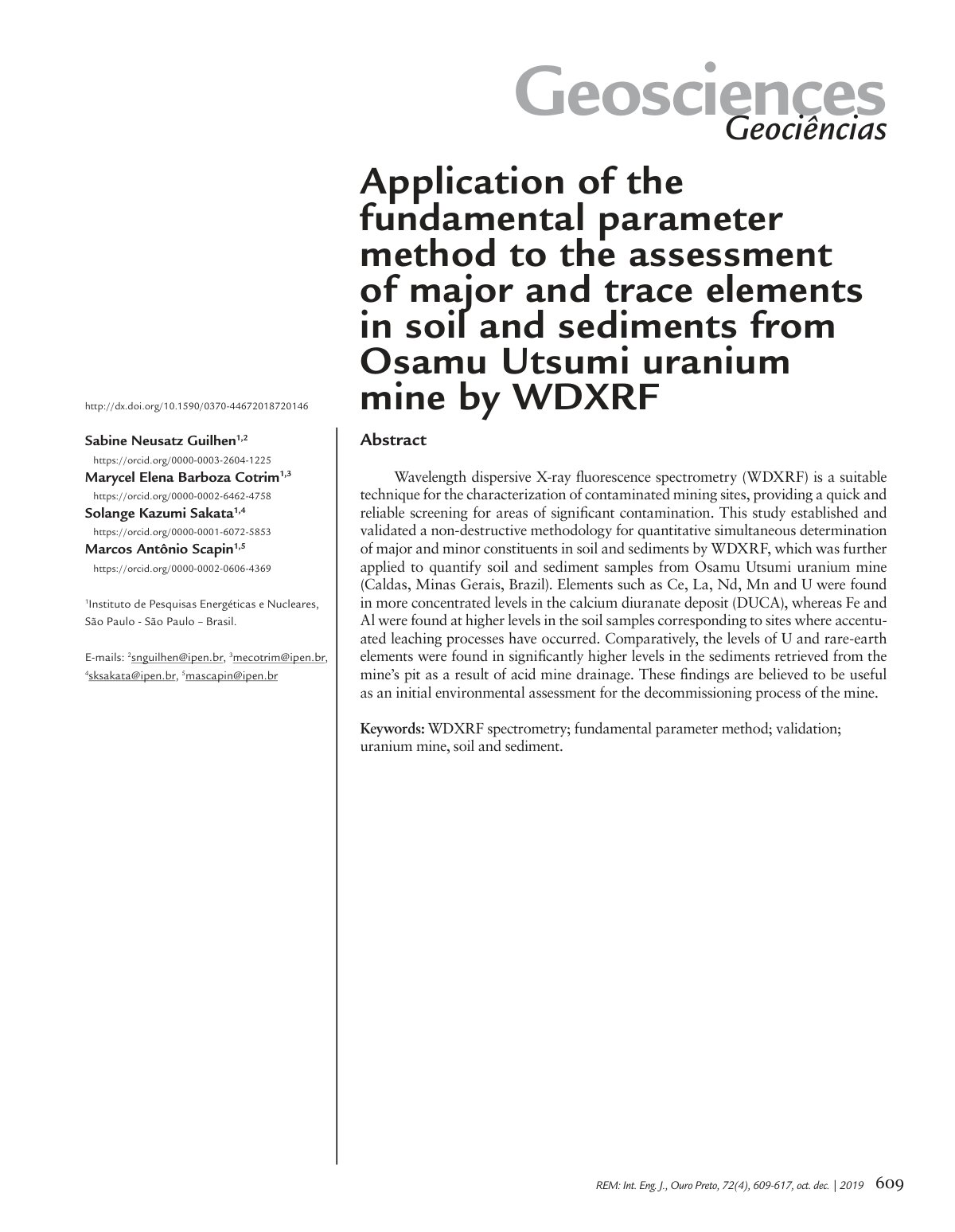 First page of Application of the fundamental parameter method to the assessment of major and trace elements in soil and sediments from Osamu Utsumi uranium mine by WDXRF