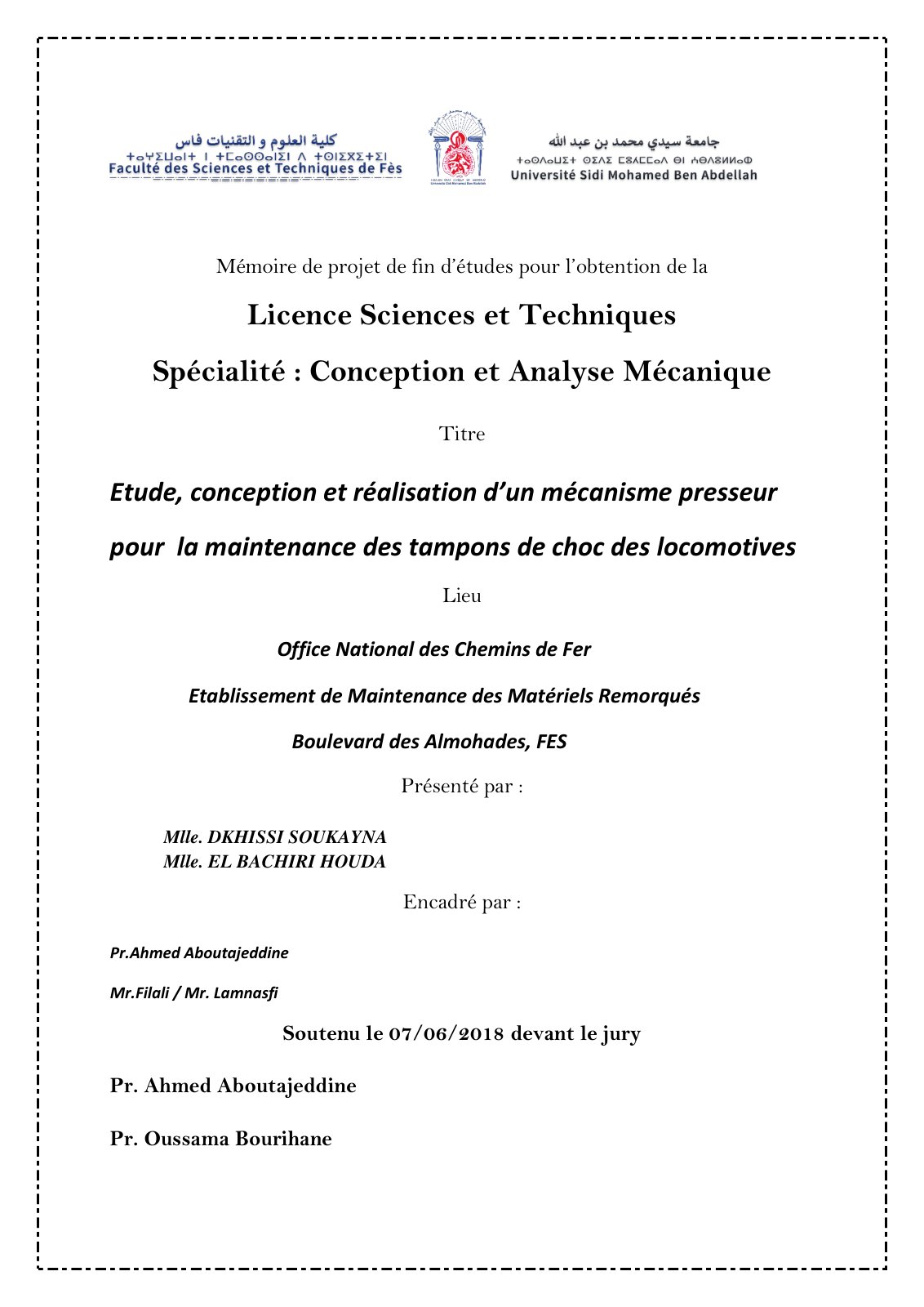 First page of Etude, conception et réalisation d’un mécanisme presseur pour la maintenance des tampons de choc des locomotives   Soukayna DKHI