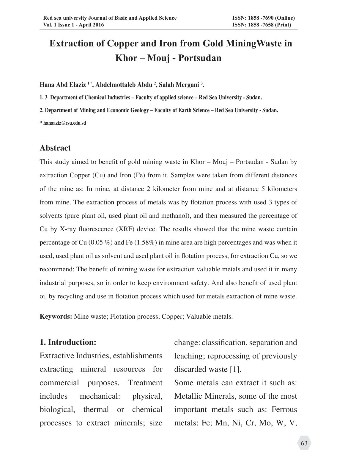 First page of Extraction of Copper and Iron from Gold