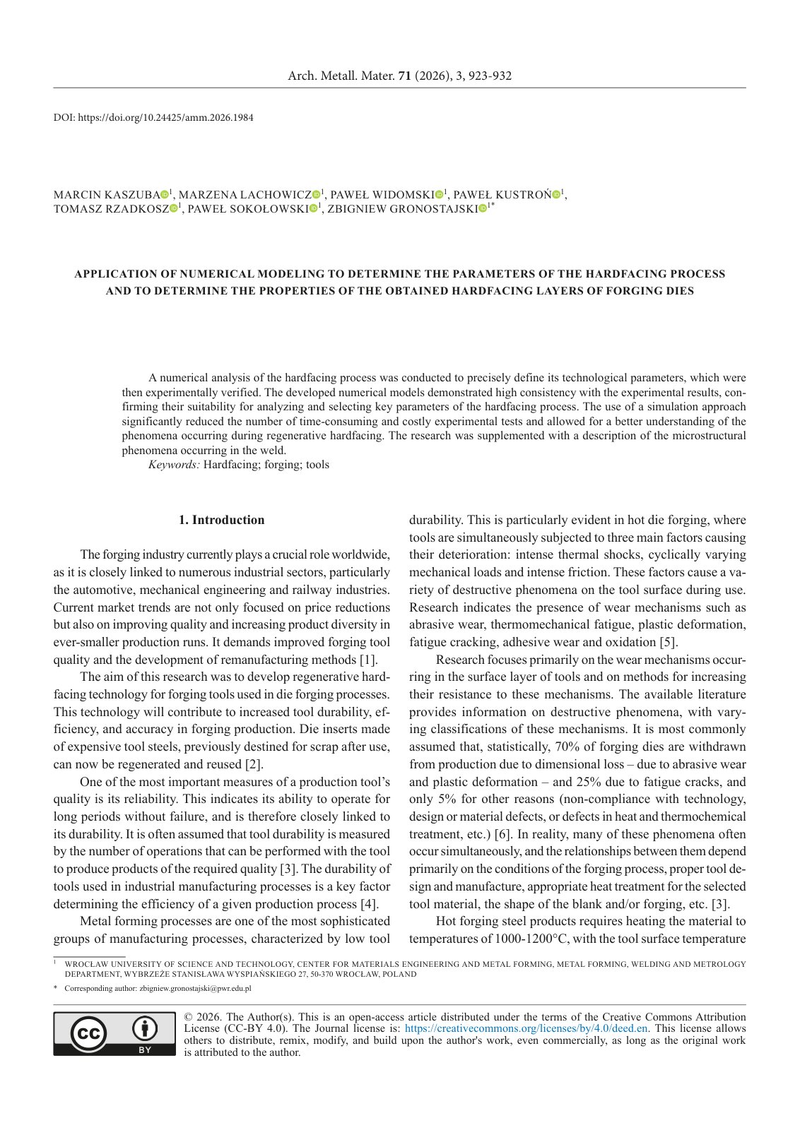 First page of Application of Numerical Modeling to Determine the Parameters of the Hardfacing Process and to Determine the Properties of the Obtained Hardfacing Layers of Forging Dies